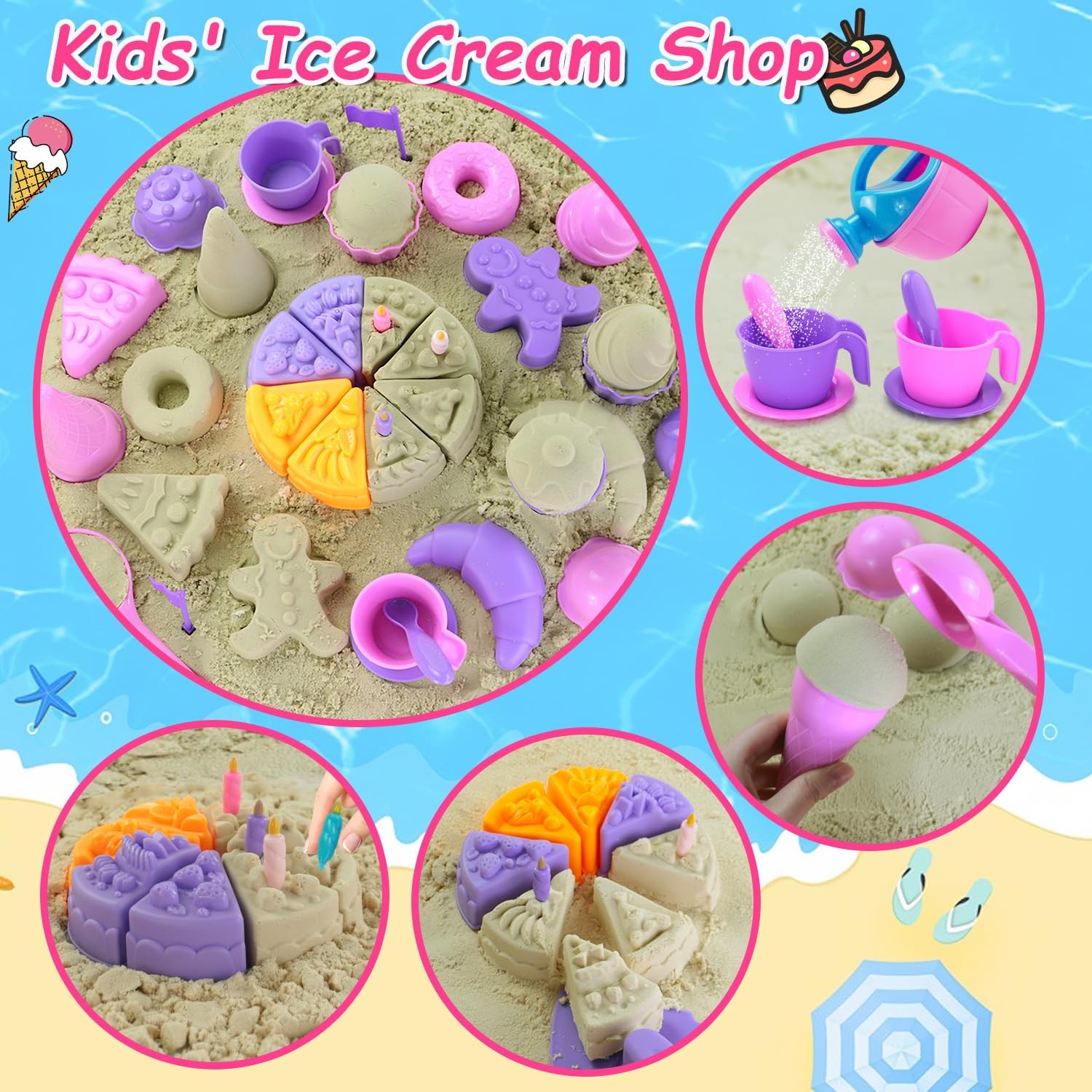Elovien Beach Sand Toys, 50Pcs Sandbox Toys with 2 Medium, Colorful