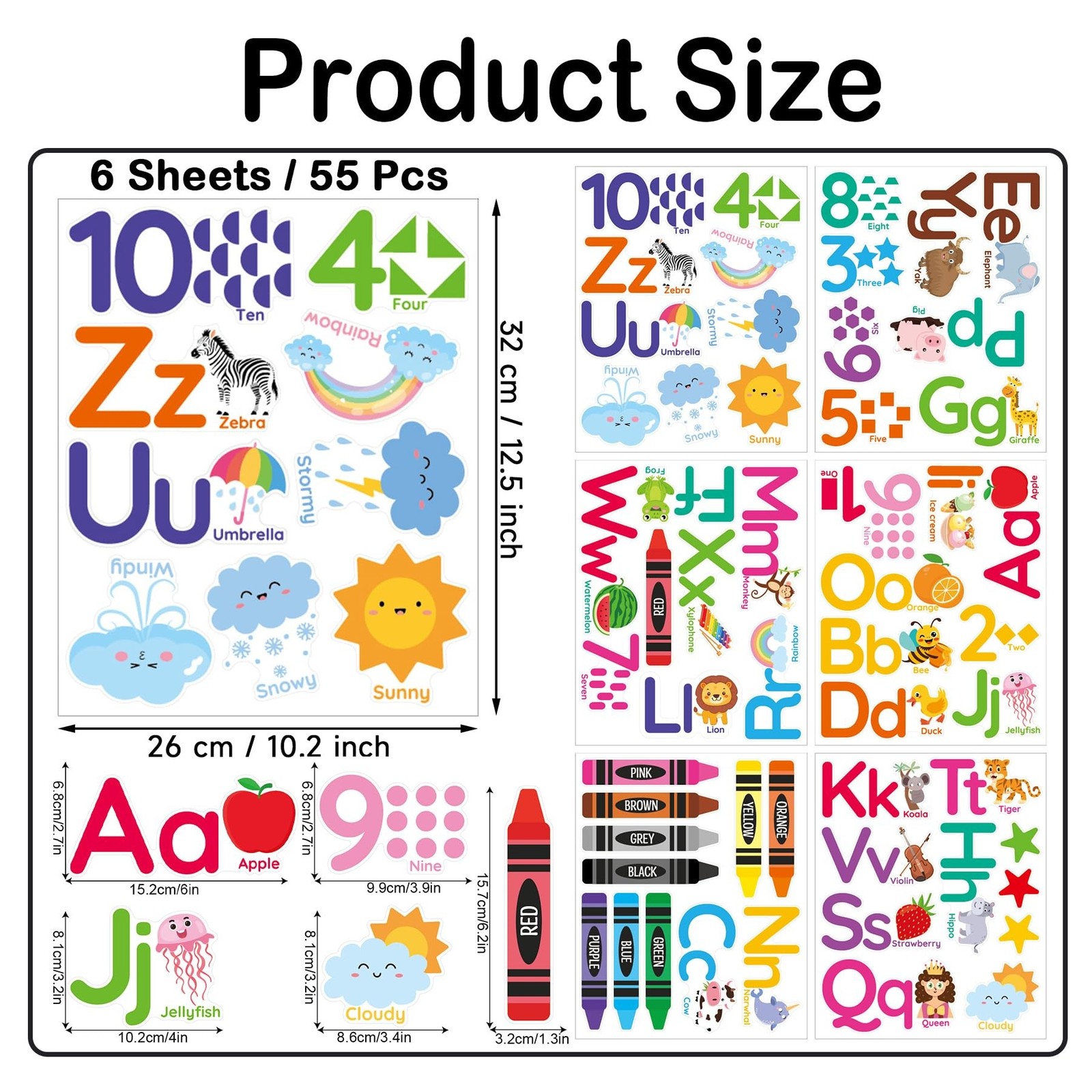 Animal Alphabet Numbers Wall Decals – 6 Sheets 55 Pcs Colorful Educational Wa…