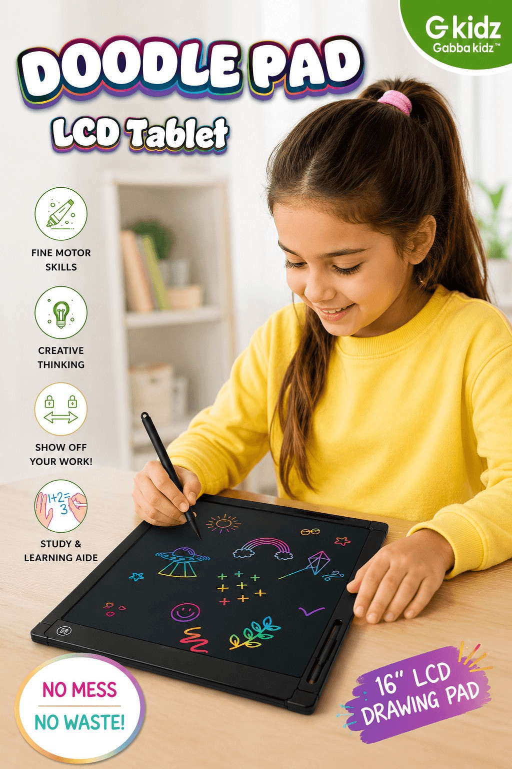 G Kidz Gabba Kidz Doodle Pad LCD Tablet 16” Drawing Writing Board Kids New