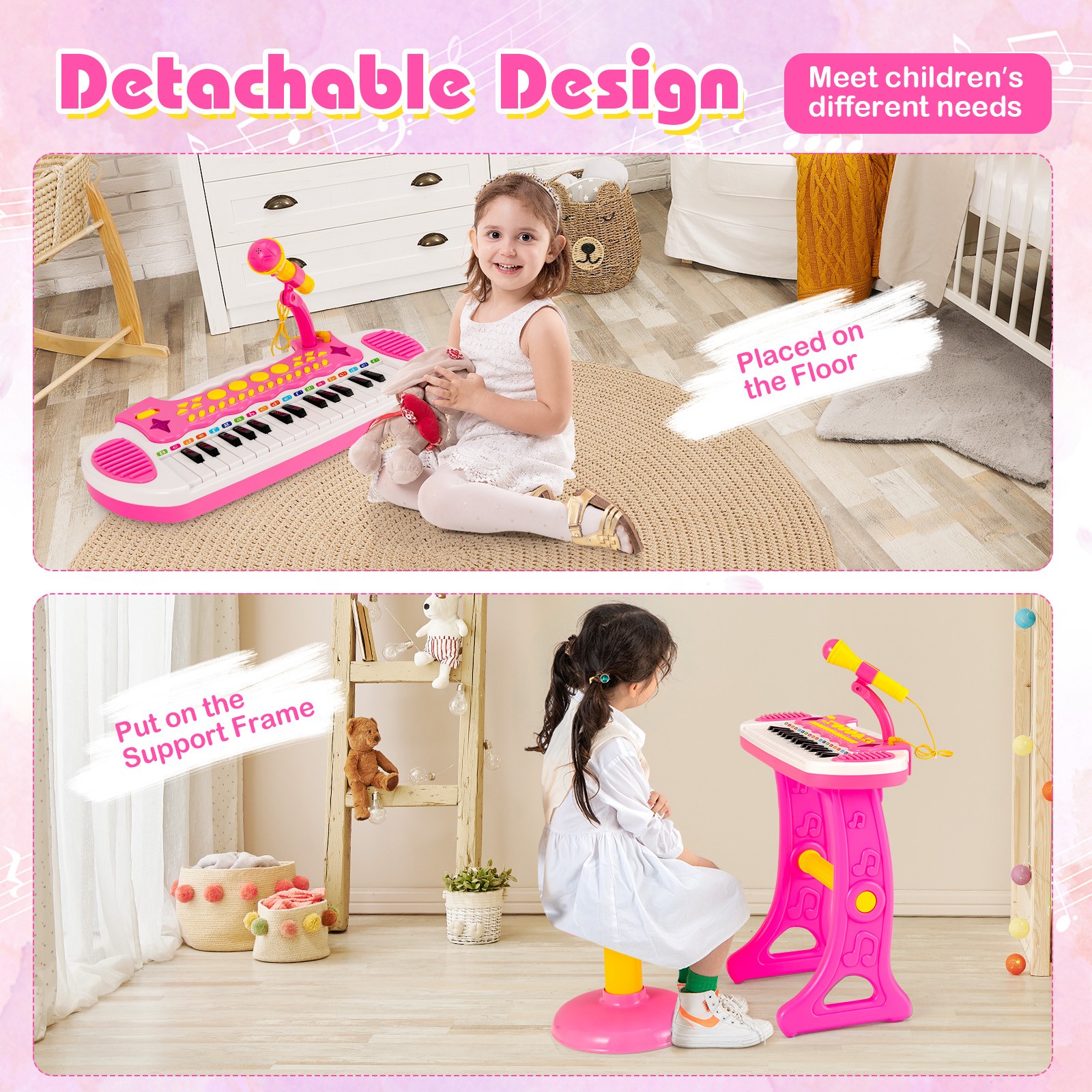 31-Key Kids Piano Stool Set w/ 8 Tones&4 Percussion Instruments &7 Rhythms Pink