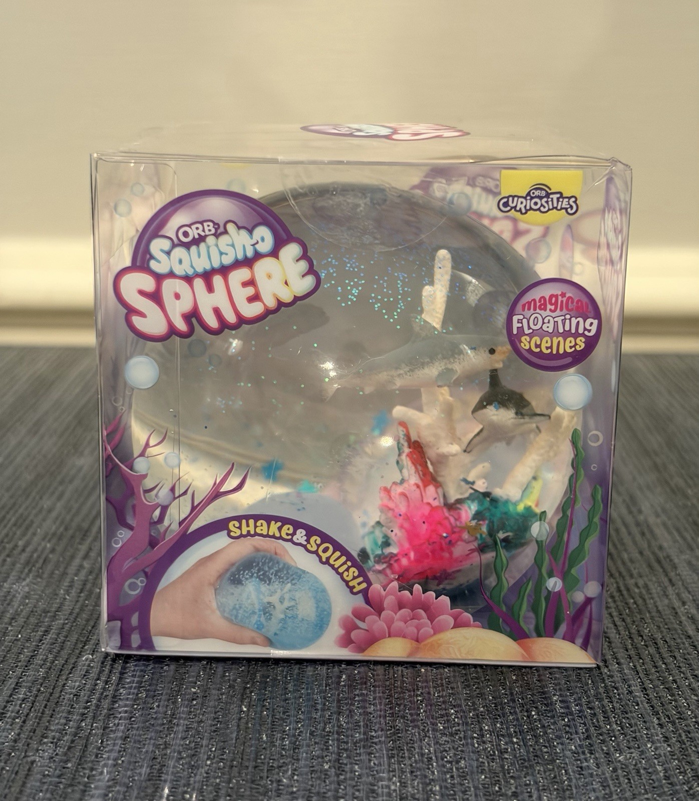 NEW Orb Squish-o Sphere – Gray Sharks Aquarium Floating Scene squishy toy clear