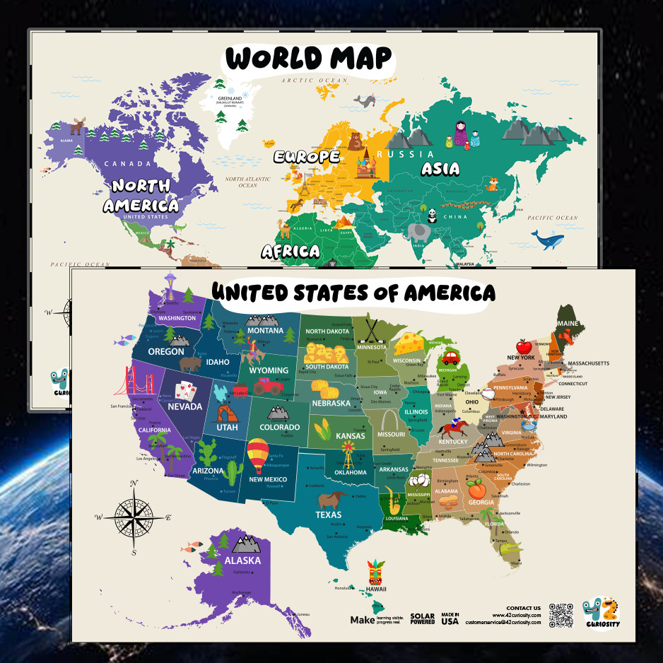 Kids Map Poster Illustrated USA & World Map for Kids 24×36 Laminated Made in USA