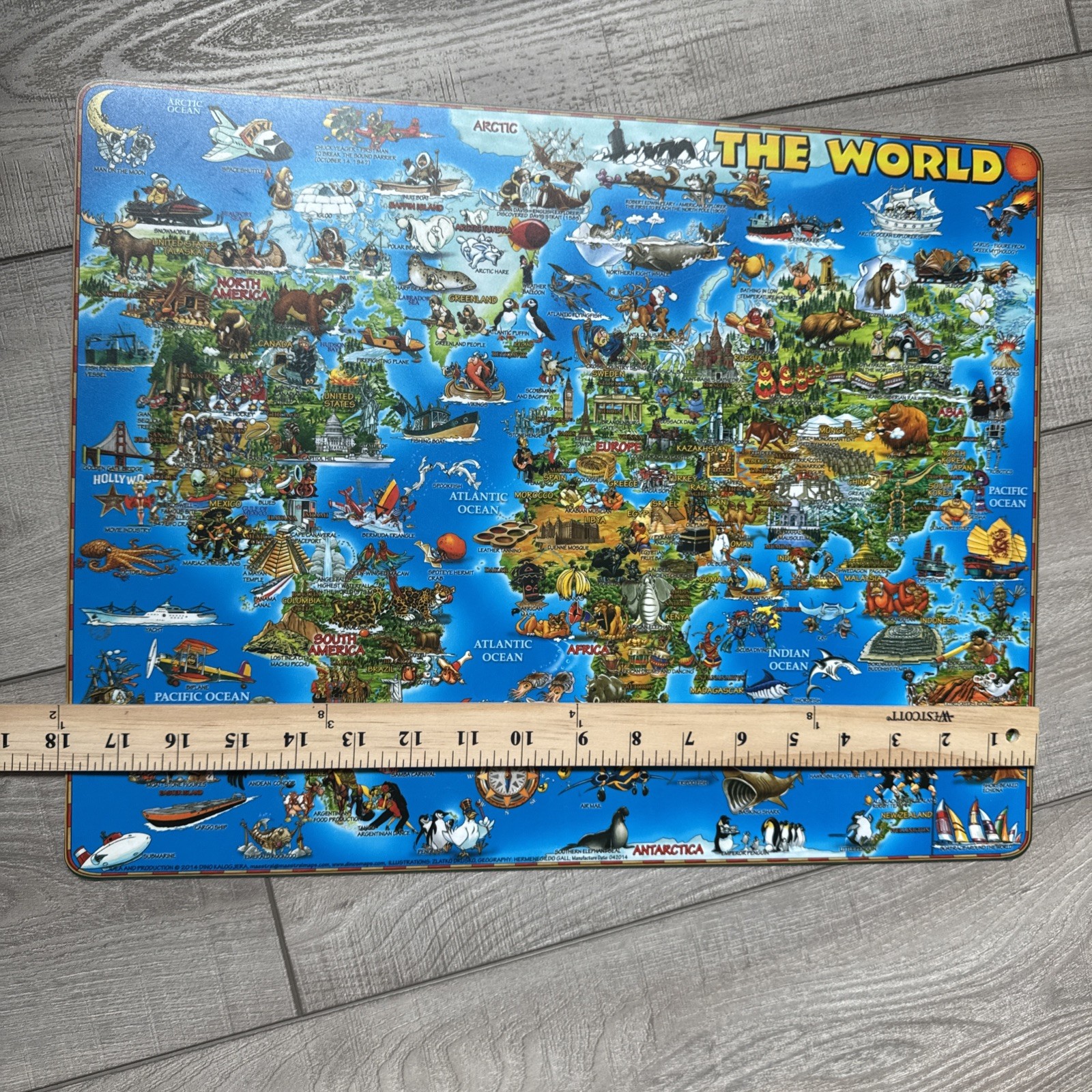 2014 Dino Laminated Geography Learning Placemat World Map 18” x 14” Cartoon