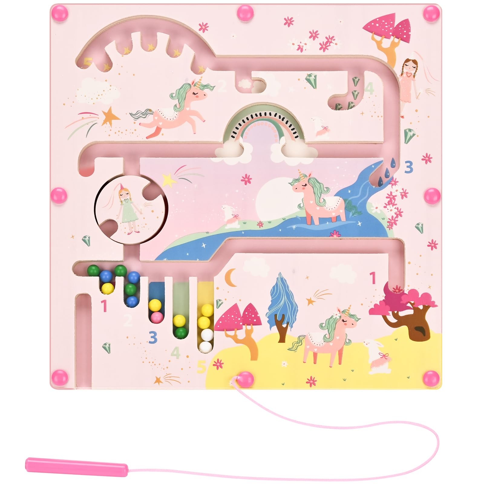 Yierchoo Unicorn Magnetic Maze Toy, Color & Number Sorting 24*24cm, Pink