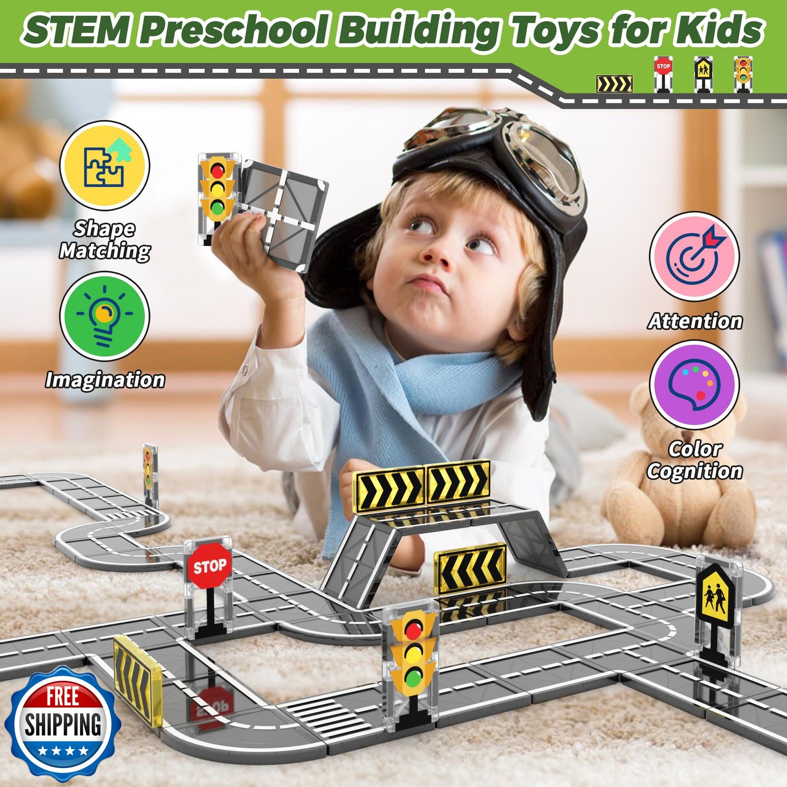 Goodtiles Magnetic Tiles Road Expansion Set, STEM Magnetic Building Blocks fo