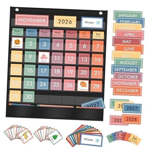 Pocket Chart with 97 Educational Cards, Large 20″x23.6″ Rainbow Calendar