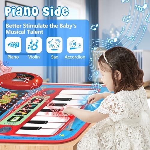 2-in-1 Musical Mat Toys for 1 2 3 4 5 Year Old, Piano Keyboard & Drum Set with 2
