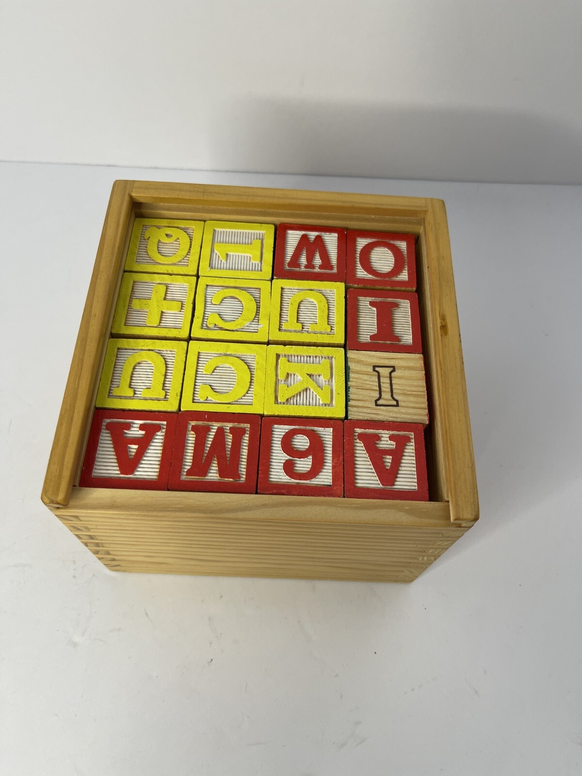 Vintage 48ct Wood Alphabet Blocks In Wood Box