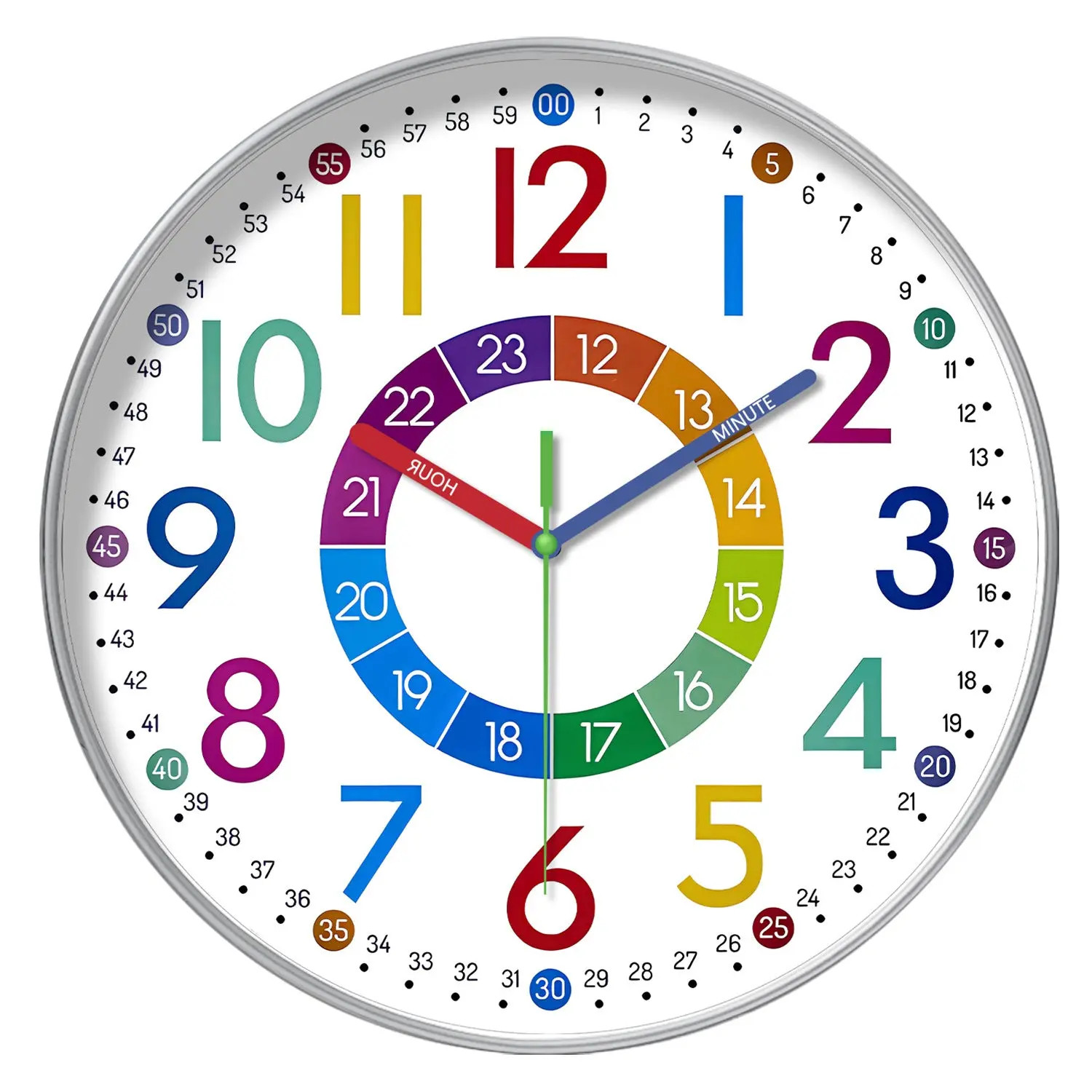 Rainbow Silent Wall Clock Modern Quartz Educational Clock for Kids & Home |