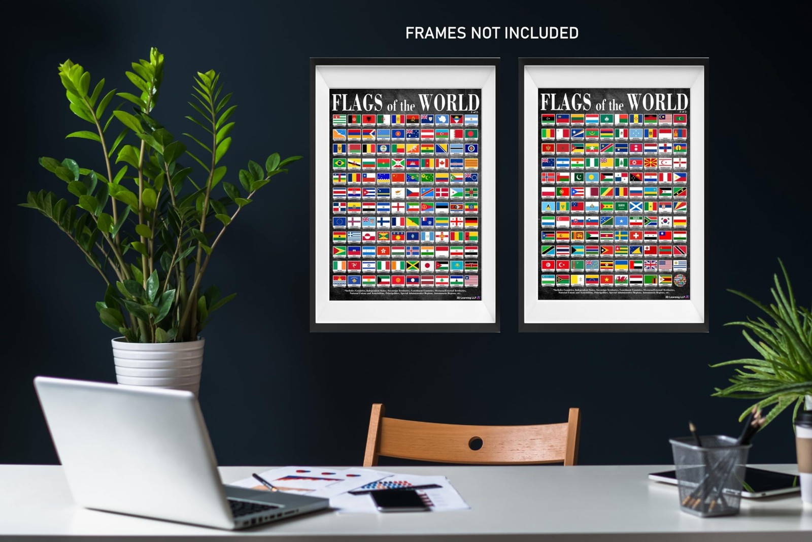 World Map and Flags Posters- Laminated 14×19.5” Educational Charts – Flags