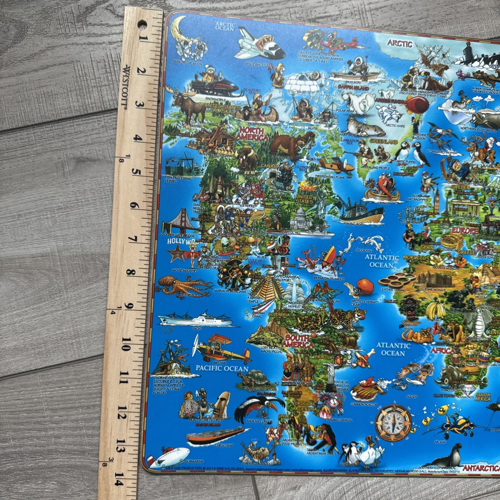 2014 Dino Laminated Geography Learning Placemat World Map 18” x 14” Cartoon