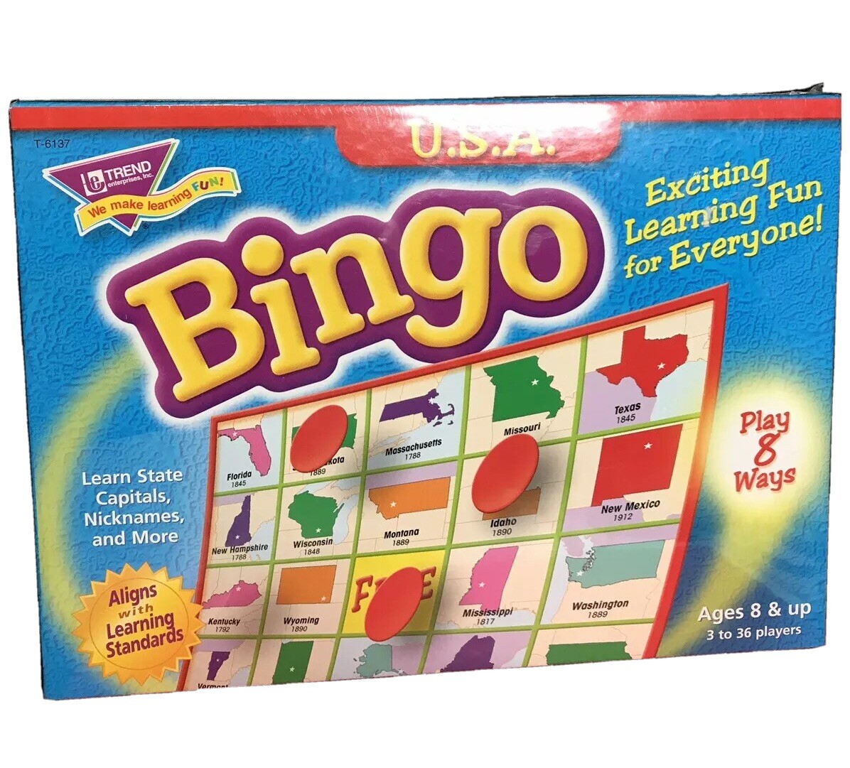 USA Bingo NlB Ages 8+up 3 To 36 Players Educational State Capitals & Facts