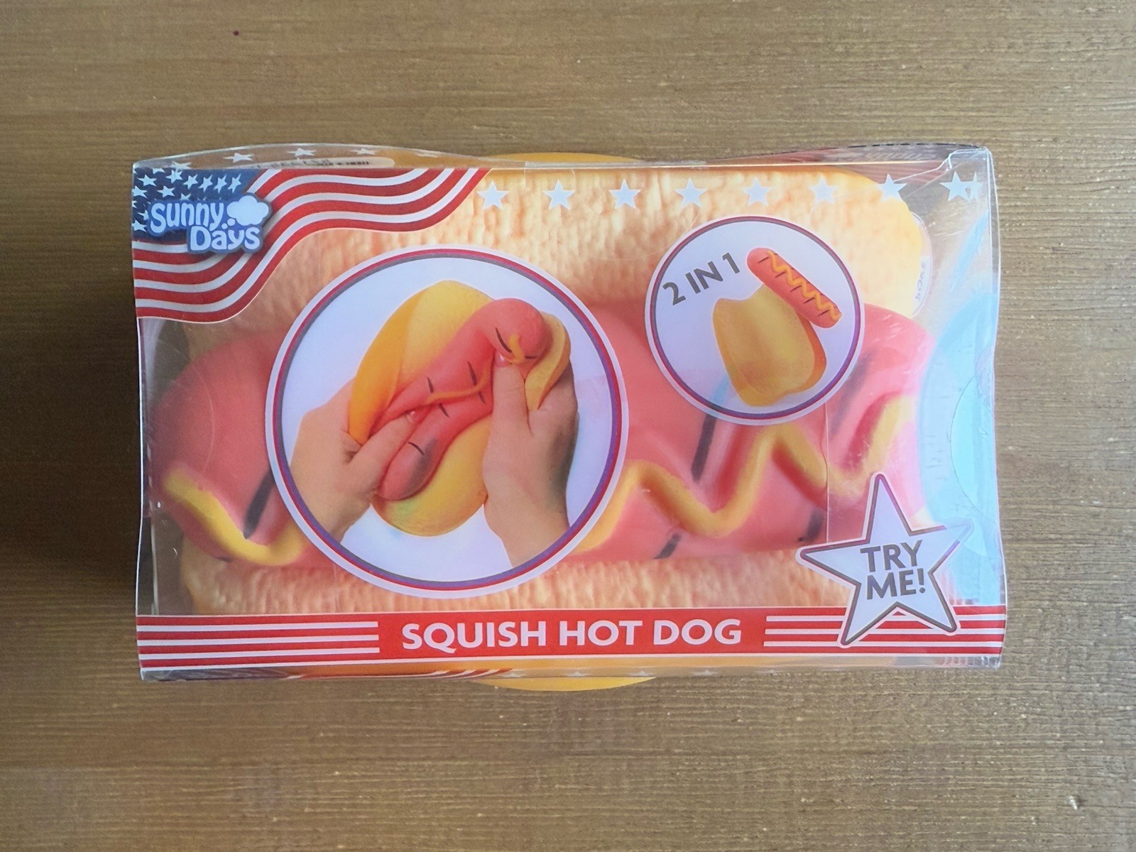 Squishy Hot Dog Squeezy Fidget Toy Sunny Days 2-in-1 Hotdog Stress Relief NEW