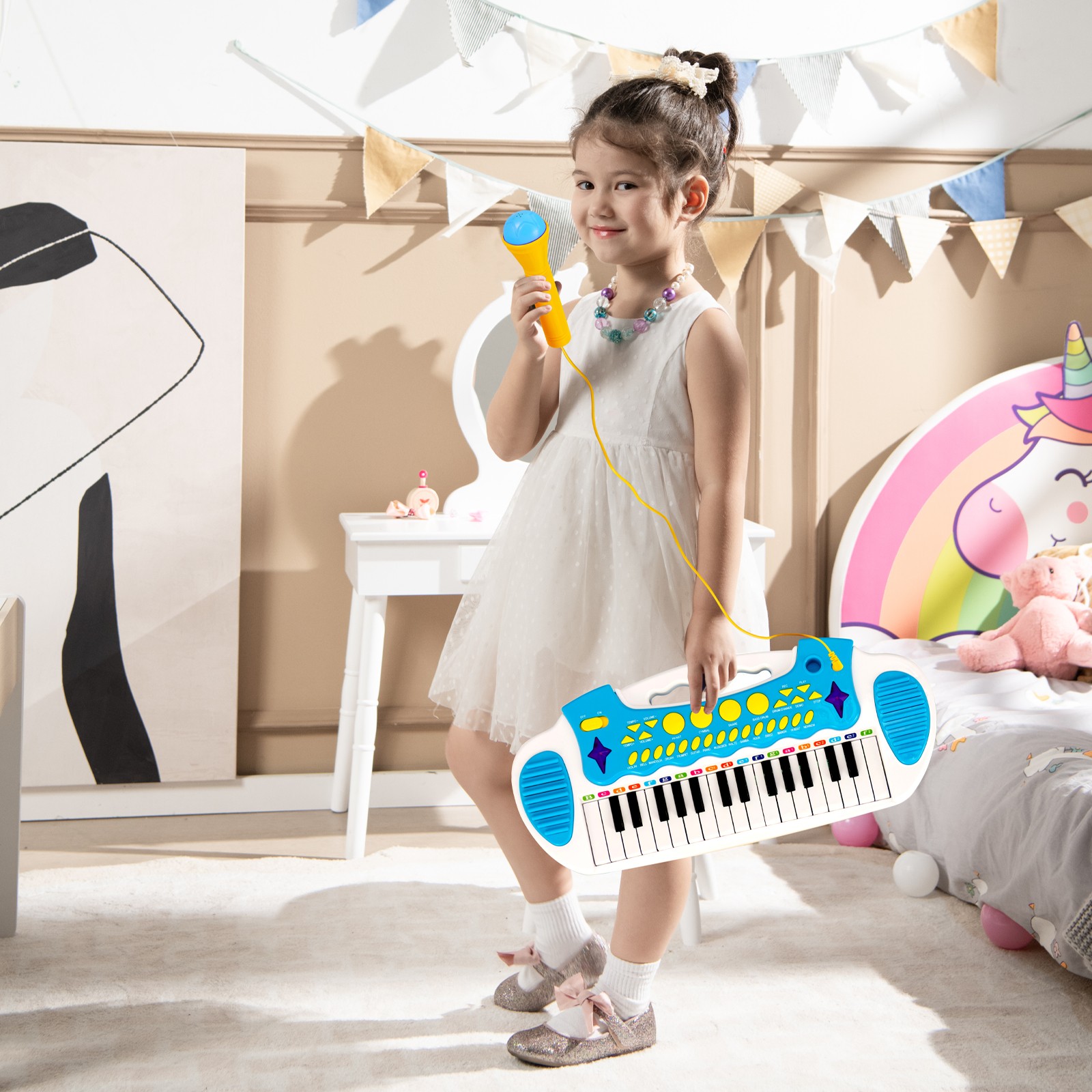31-Key Kids Piano Stool Set Musical Instrument w/Clear Loudspeaker &Volume Level