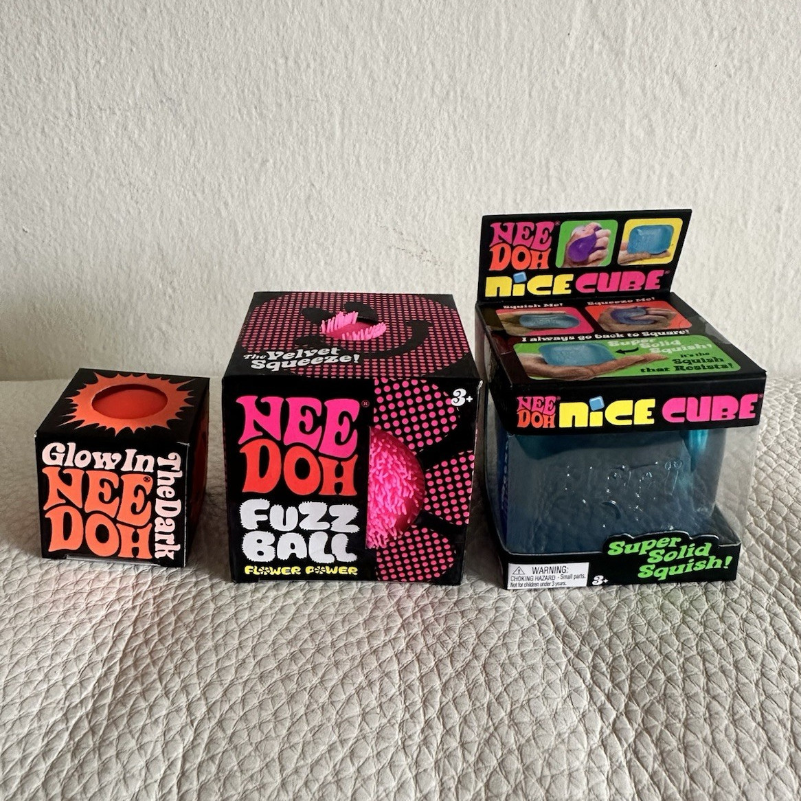 Set of 3 Schylling NeeDoh Squeeze Toys Glow In The Dark, Fuzz Ball, & Nice Cube
