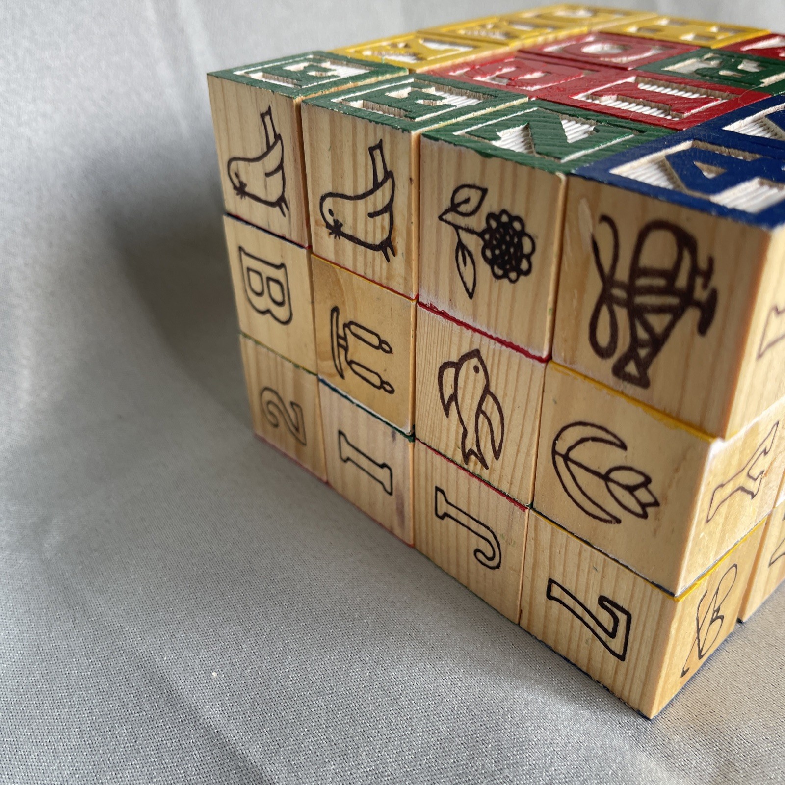 Vintage Schylling 48ct Wood Alphabet Blocks In Wood Box