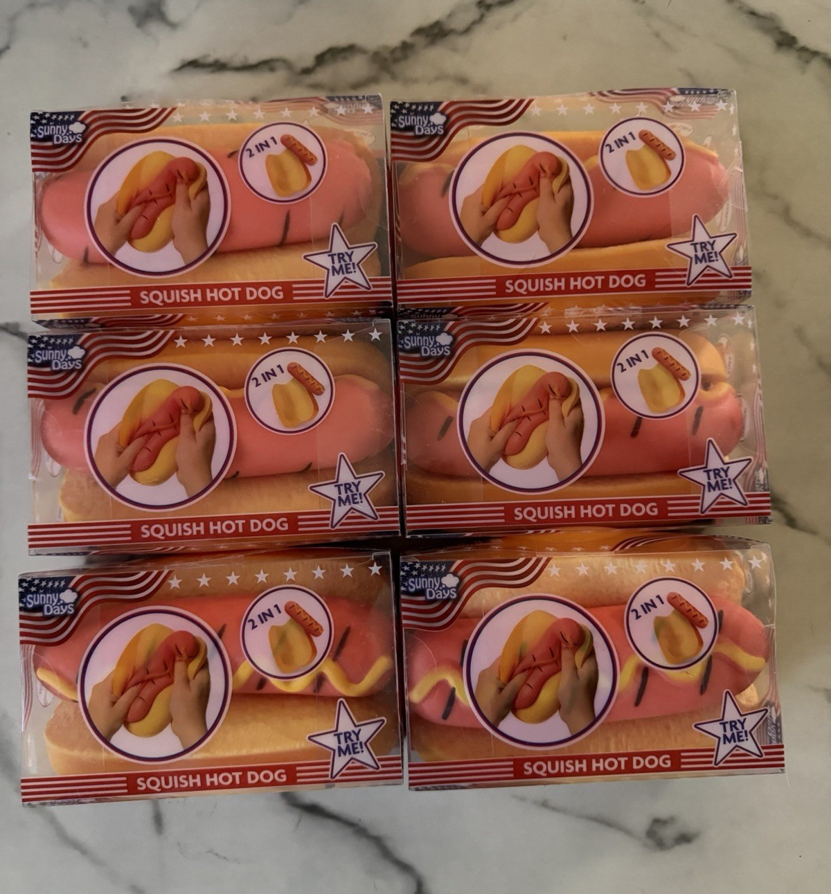 Sunny Days Squish Hot Dog 2-in-1 Tactile Squeeze Toy, Lot of 6