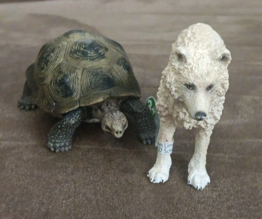 2 Schleich Giant Tortoise Wild Life ’08 & White Wolf Toy Figures Diorama Animals