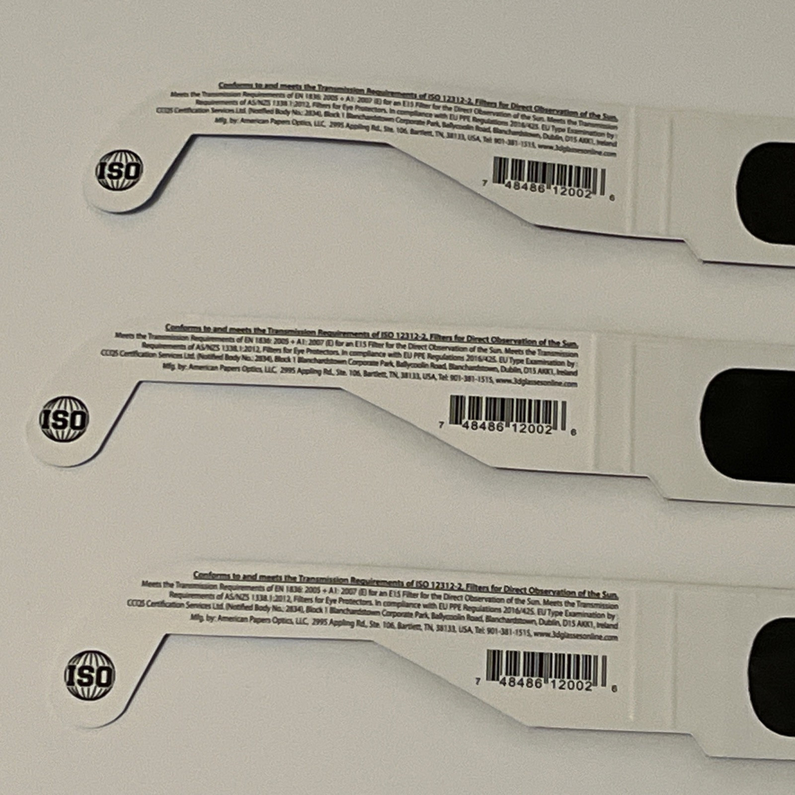 Solar Eclipse Glasses ISO 12312-2 Certified | April 8 2024 | Lot of 3 | Unfolded