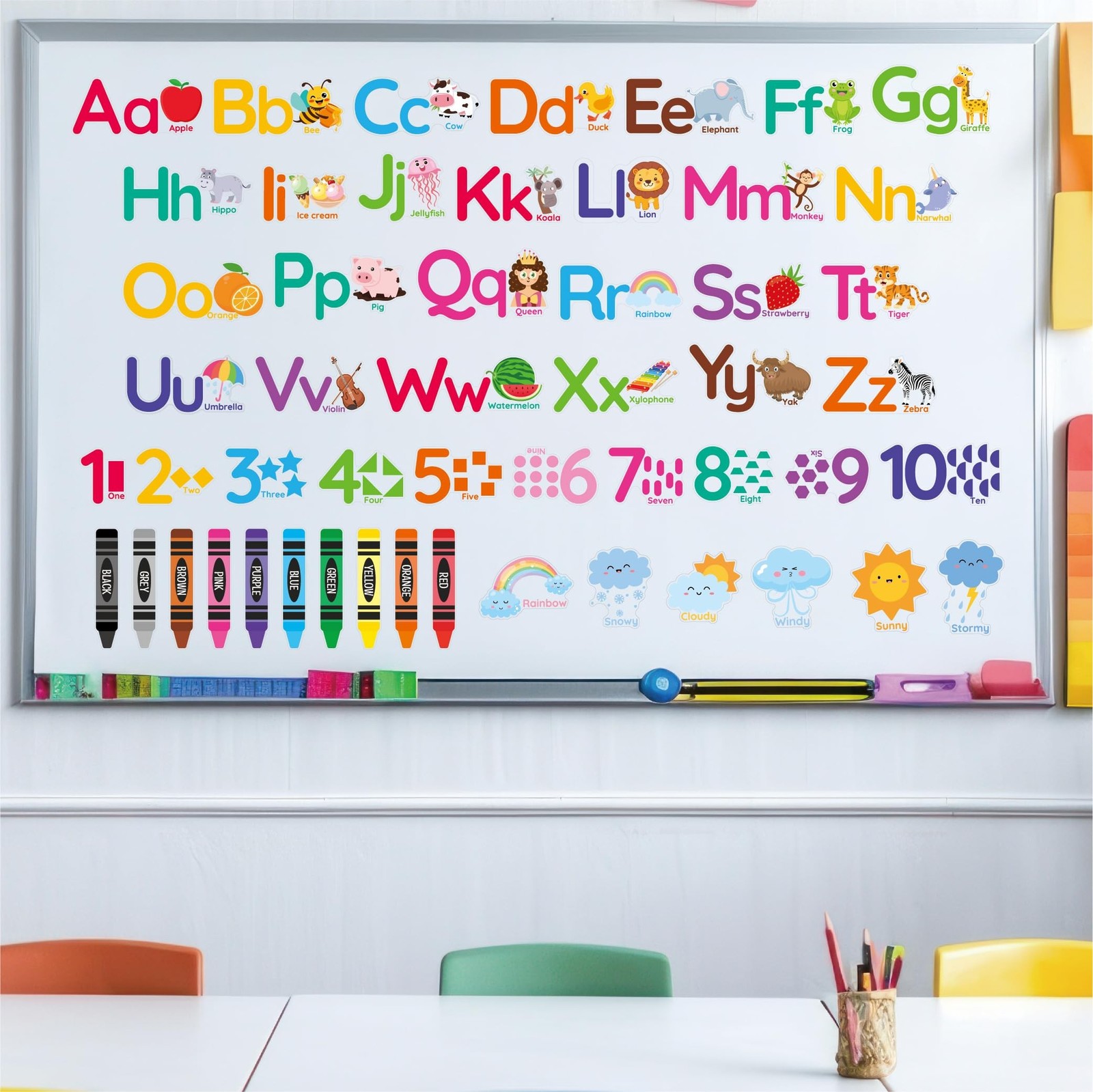 Animal Alphabet Numbers Wall Decals – 6 Sheets 55 Pcs Colorful Educational Wa…