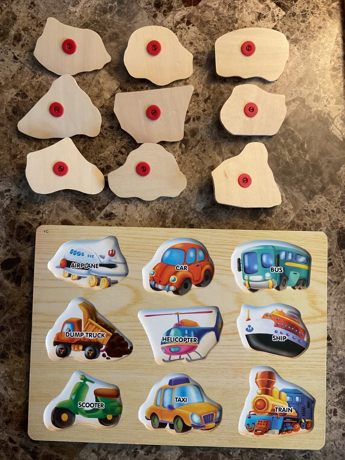 Lot of 4 Educational Wooden Peg Puzzles: Numbers, Letters, Vehicles, & Animals