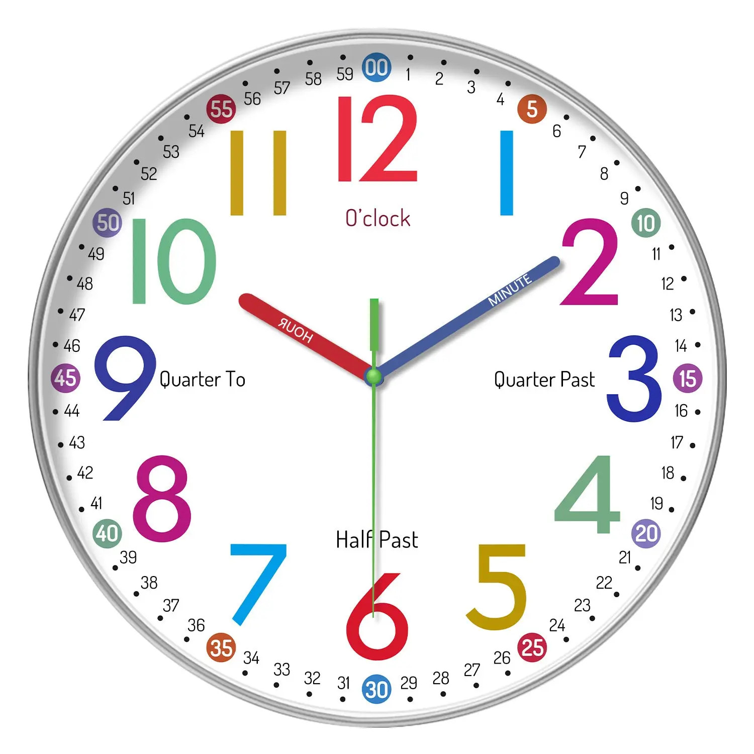Rainbow Silent Wall Clock Modern Quartz Educational Clock for Kids & Home |
