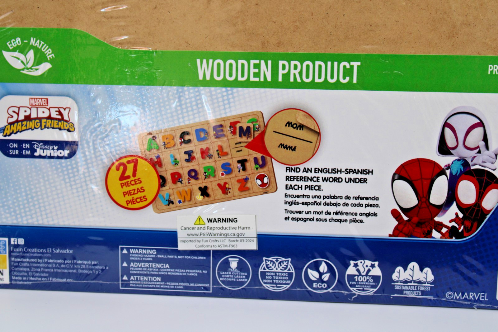 Bilingual alphabet wooden puzzle/New/27 pieces with board/Marvel Spidey/3+age