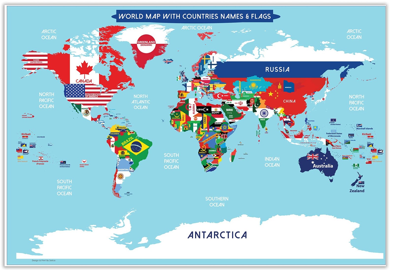 World Map Poster with Countries FLAGS For Kids (SMALL size13x19 World Map Lam…