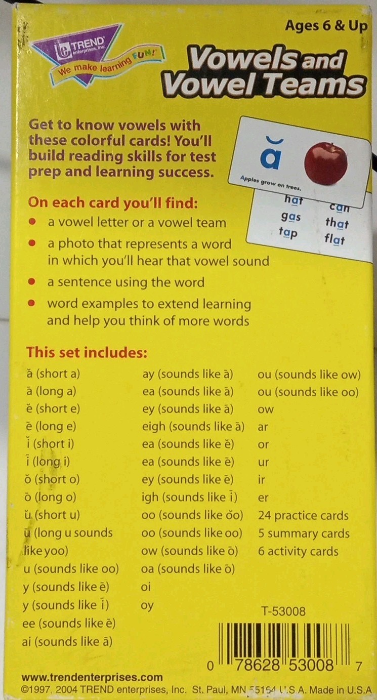 PHONICS Vowels & Vowel Teams Skill Drill 72 Flash Cards 3″x6″ Ages 6+ Homeschool
