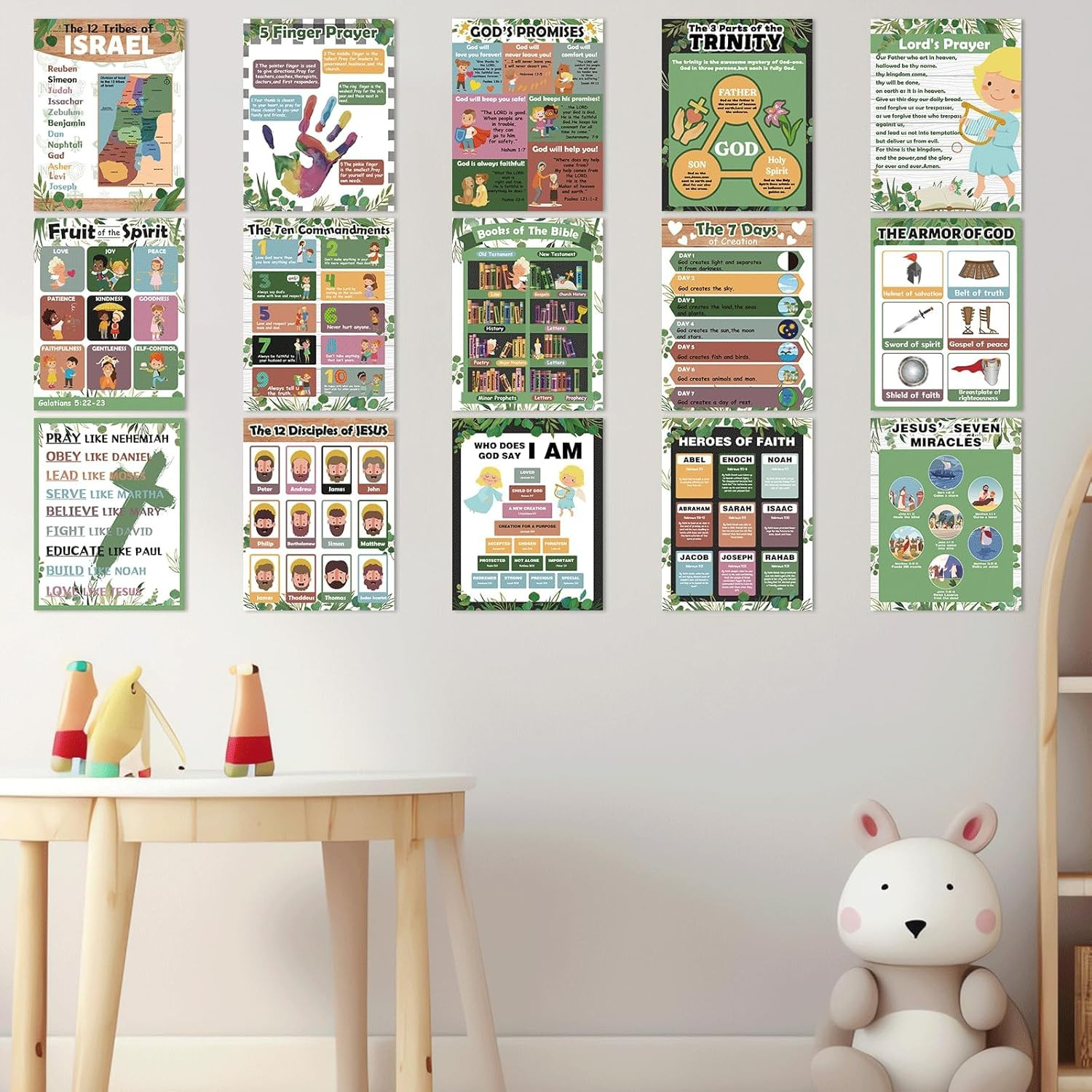 15Pcs Bible Posters for Classroom Sunday School Wall Decor Greenery Christian Bo