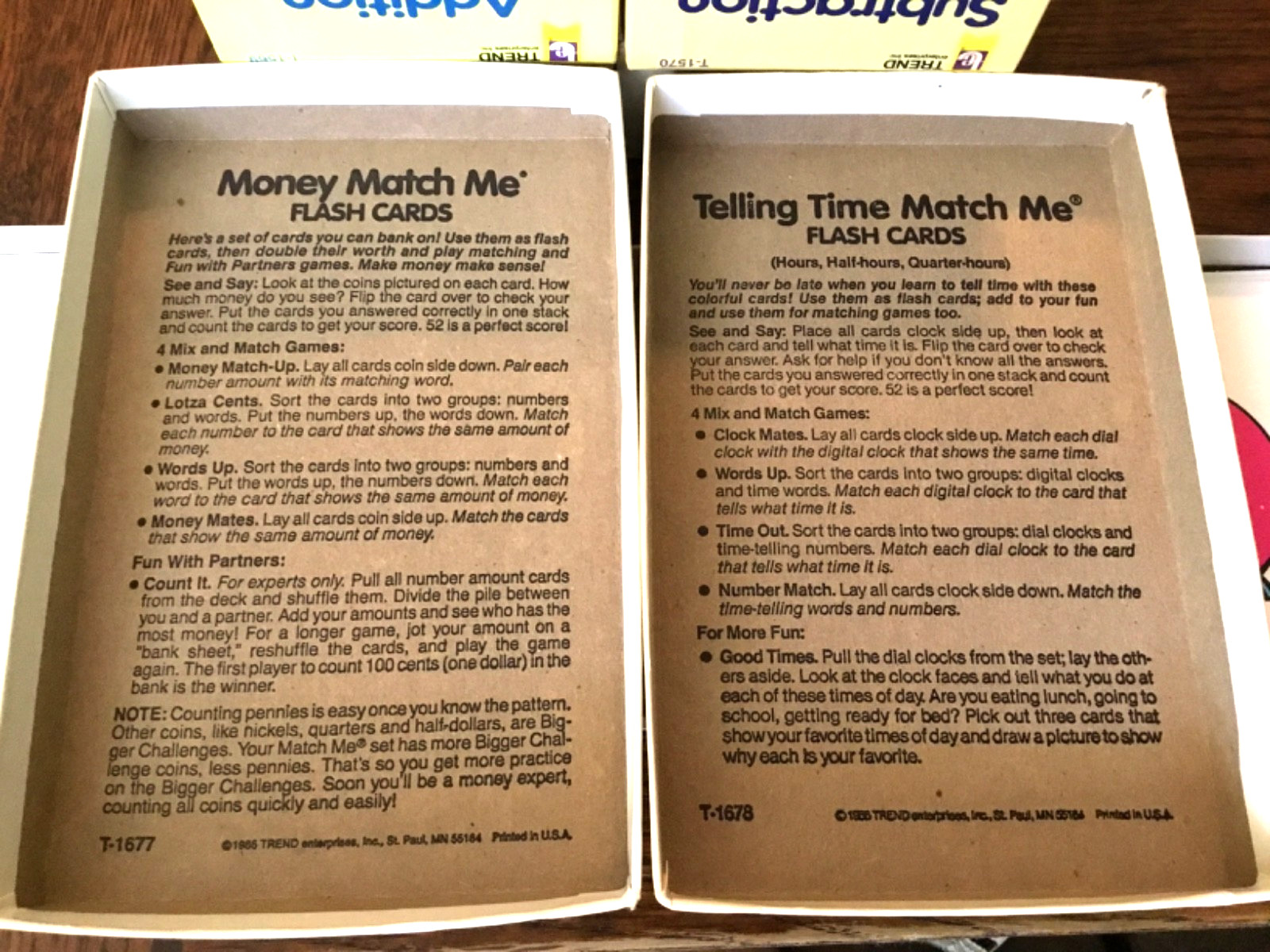 4 Trend Educational Flash Cards 1986 Addition Subtraction Money Telling Time