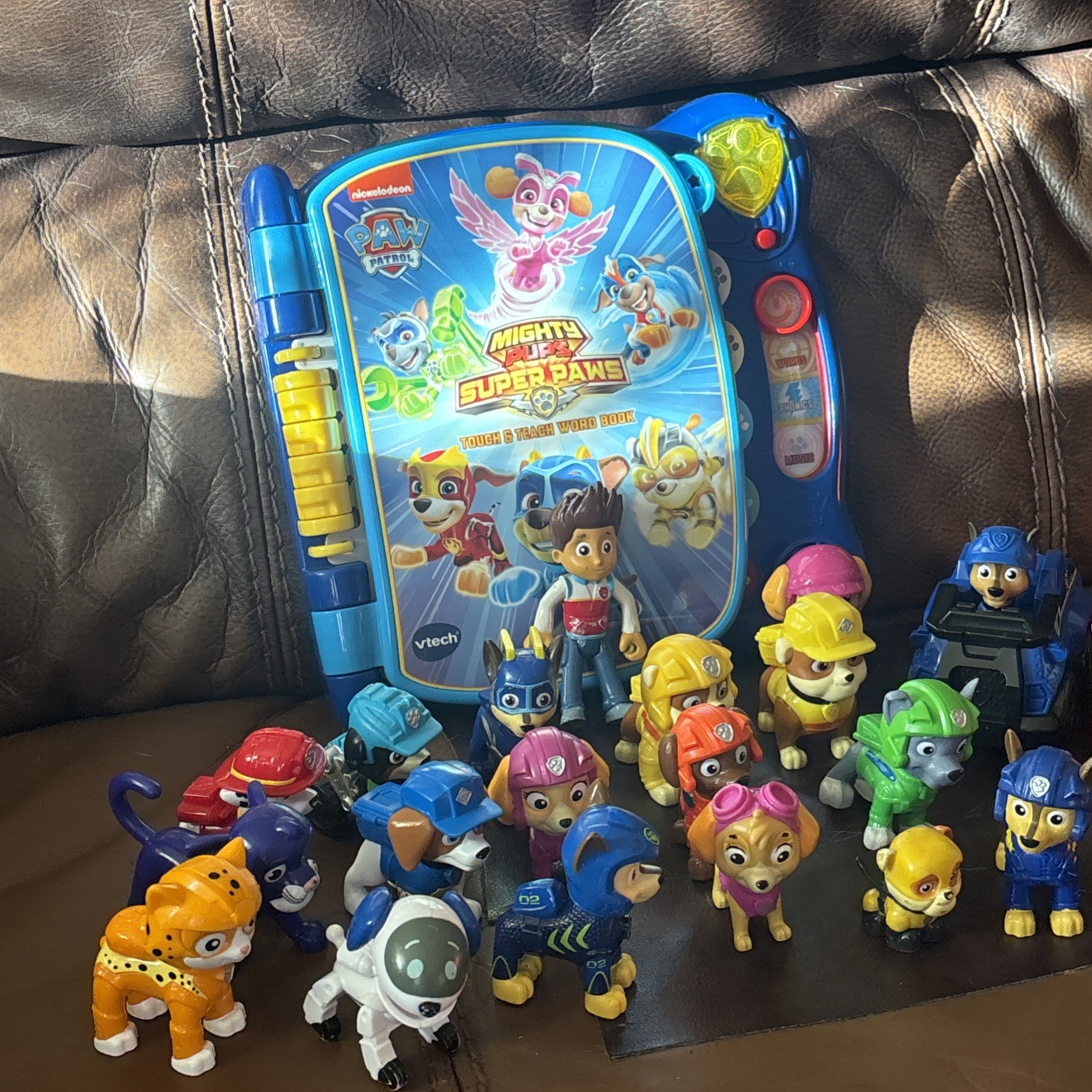 Paw Patrol 22 Figures + Mighty Pups Super Paws Touch & Teach Word Book Lot