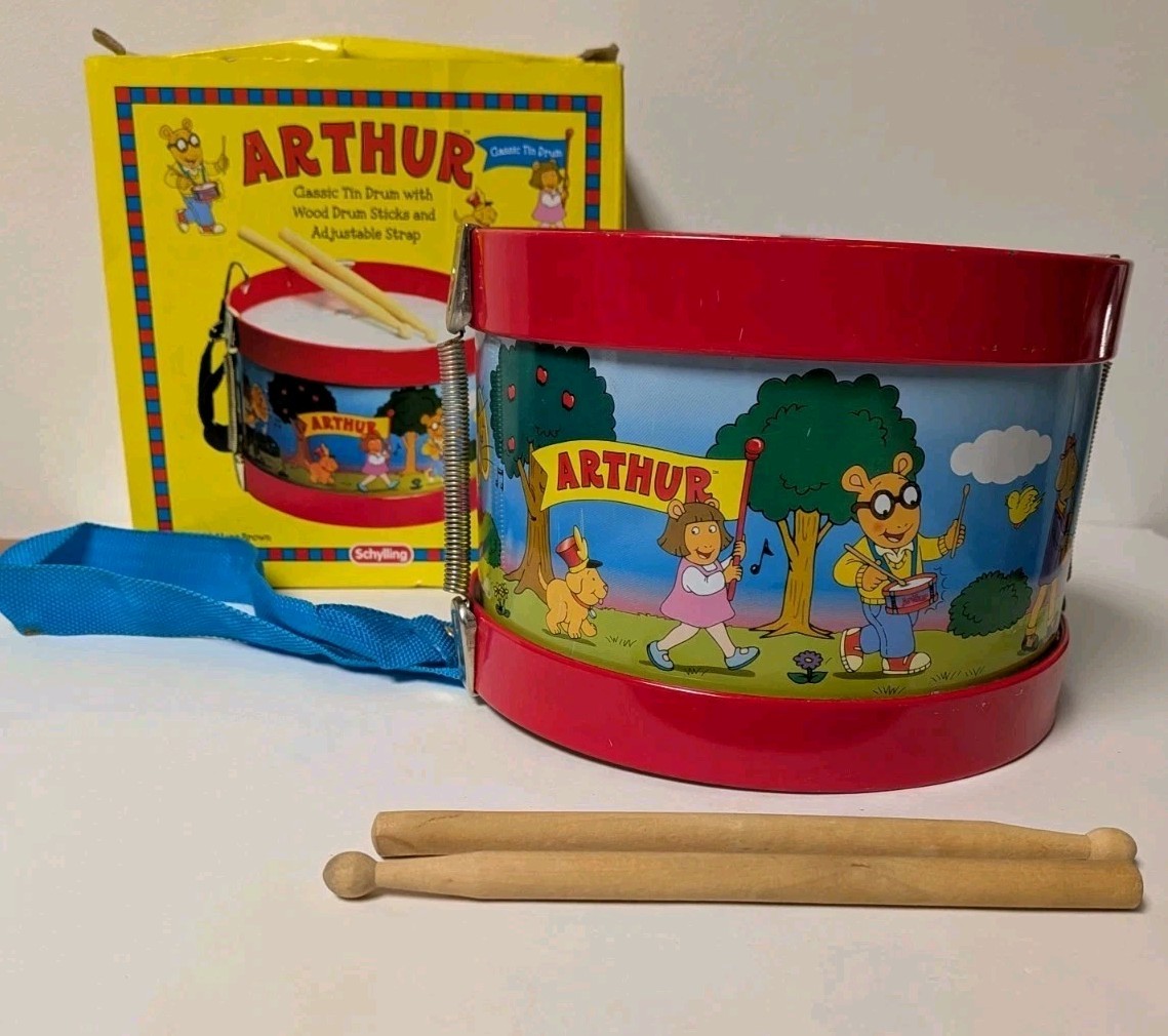 Vintage ARTHUR Schylling Tin Drum Toy w/ Drumsticks Adjustable Strap 1998 PBS