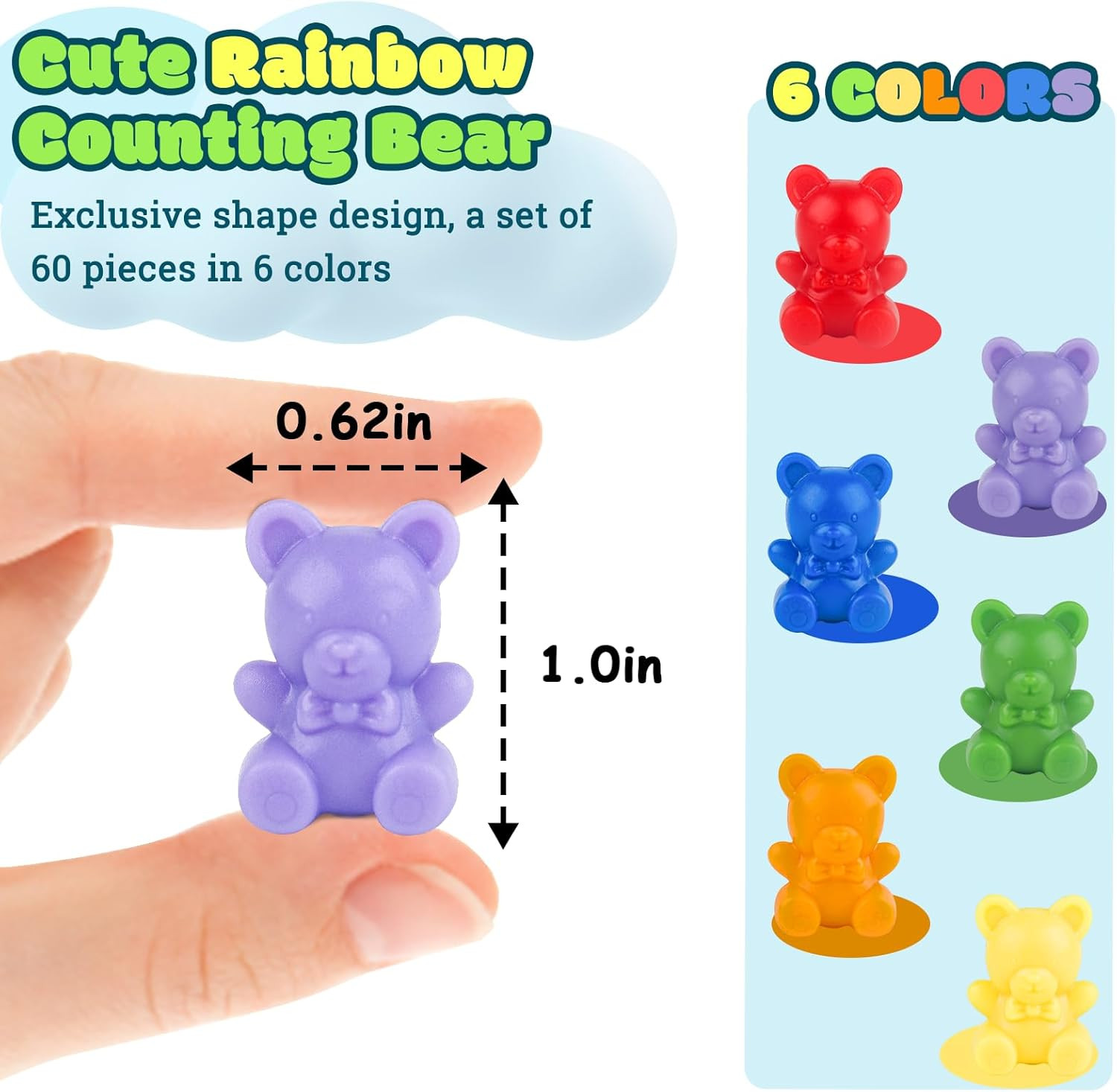 Rainbow Counting Bears Set of 60, 6 Colors Sorting Teddy Plastic Bears Math Mani