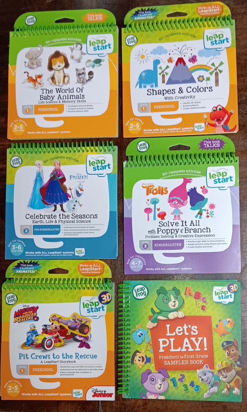 Leap Frog Leap Start Spiral Book Lot of 6 FROZEN MICKEY TROLLS Sampler 3D Lv 1-3
