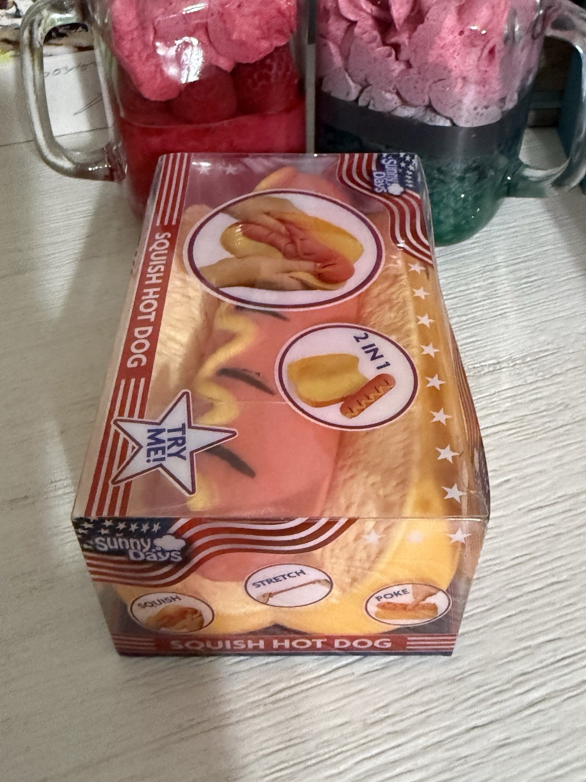 Squishy Hot Dog Squeezy Fidget Toy Sunny Days 2-in-1 Hotdog Stress Relief NEW