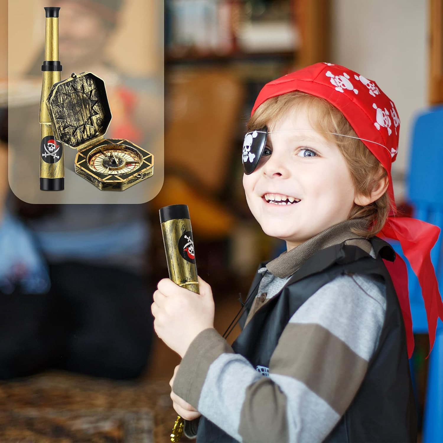 2 Pcs Pirate Telescope and Compass for Kids Adults Retro Mini Plastic Toy for Pi