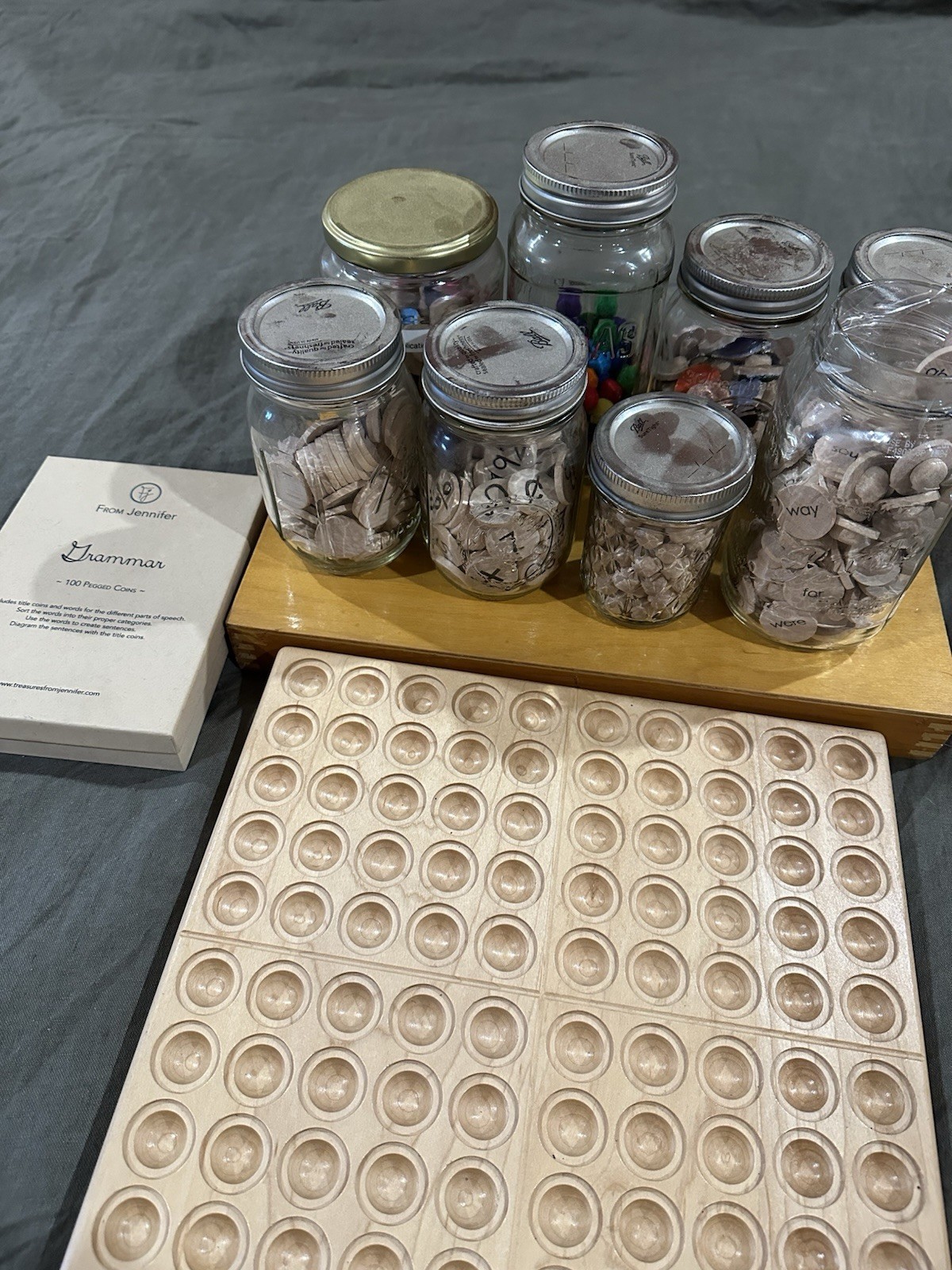 Montessori Hundred Frame w/ Grammar & Math Pegged Coins Set