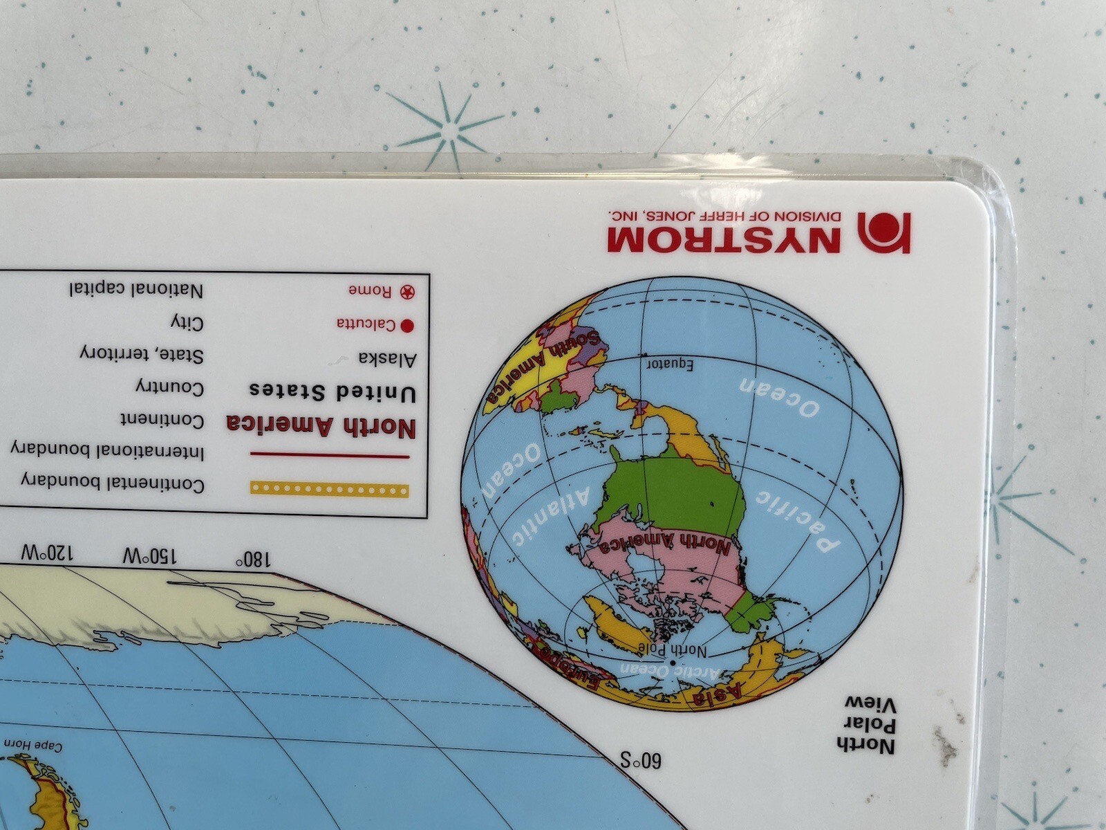 Pristine 17″X11″ Laminated double sided United States 3C & World Map 3D Nystrom