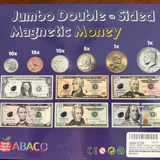 Jumbo Double Sided Magnetic Money Set 48 Pieces Classroom Math Teaching Coins