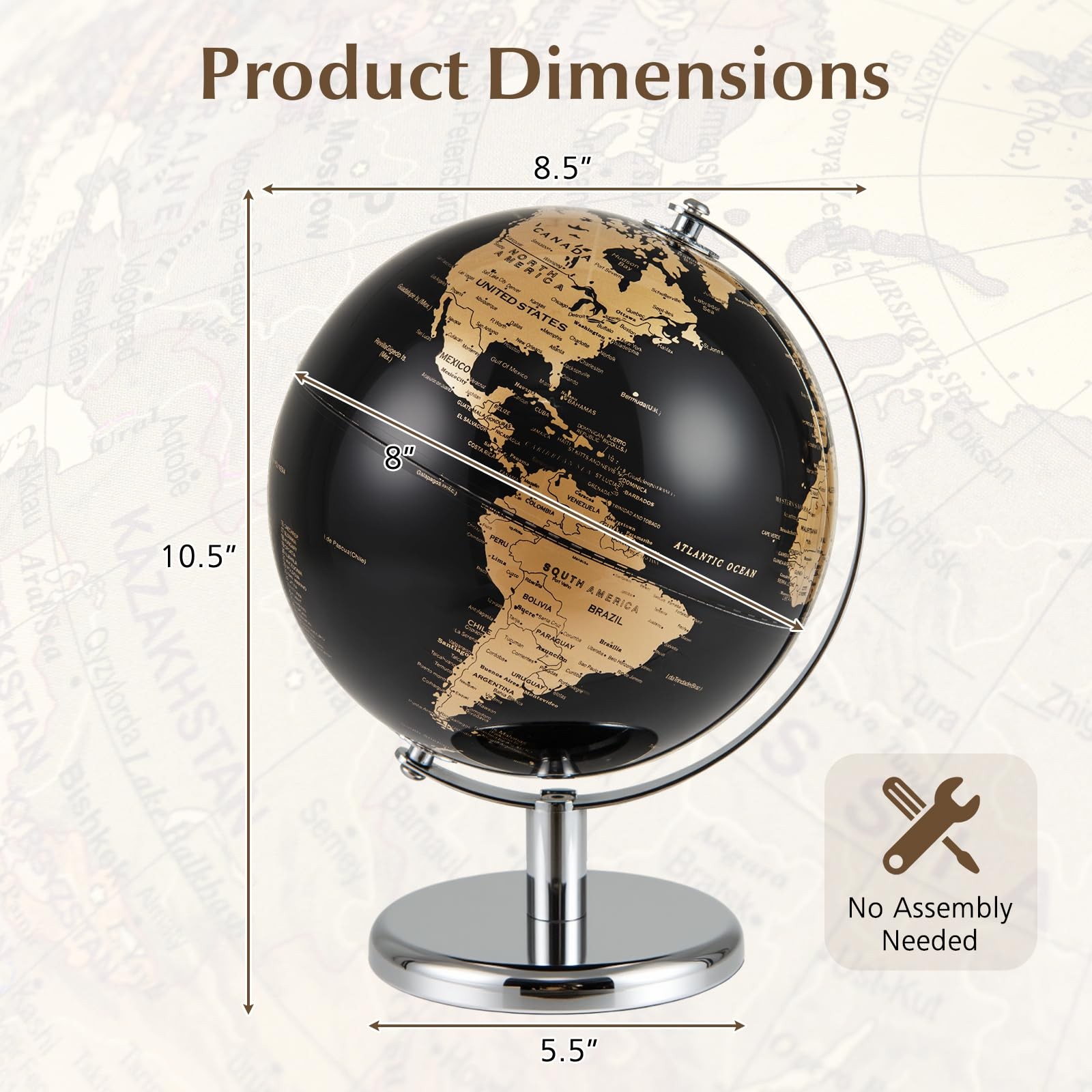 Toolsempire 8″ World Globe, Black Earth Globe with Gold Accents, Metal