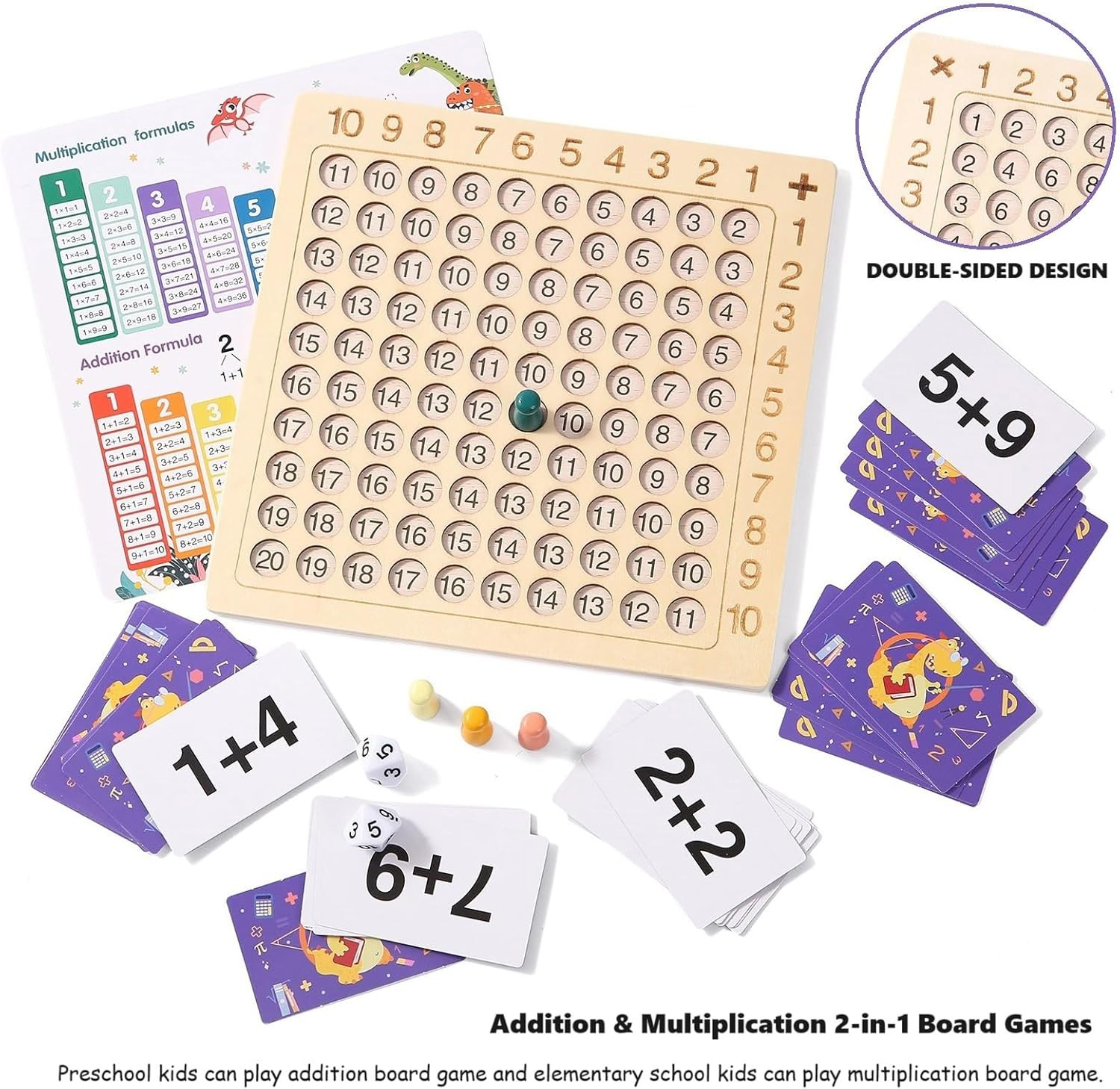2 in 1 Wooden Math Board Game Multiplication Addition Montessori Kids Toy