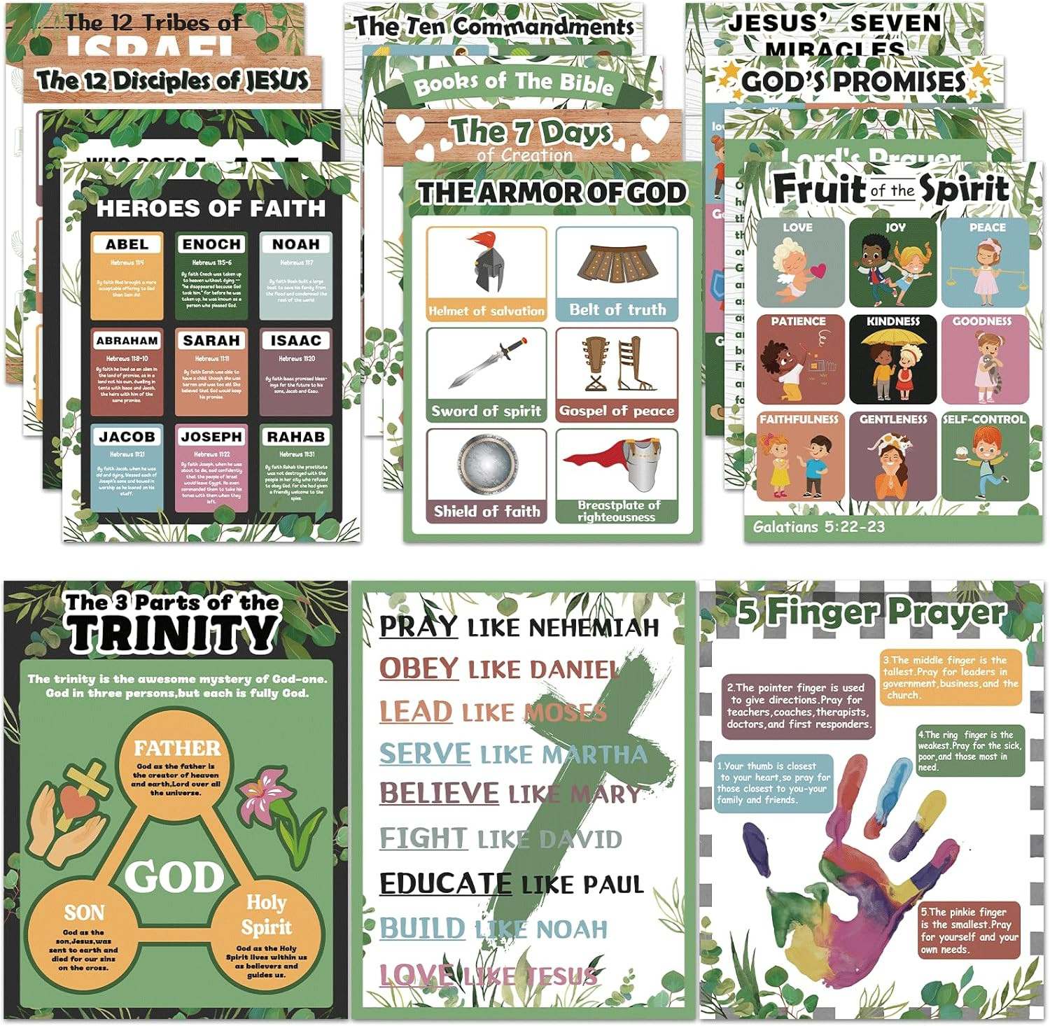 15Pcs Bible Posters for Classroom Sunday School Wall Decor Greenery Christian Bo
