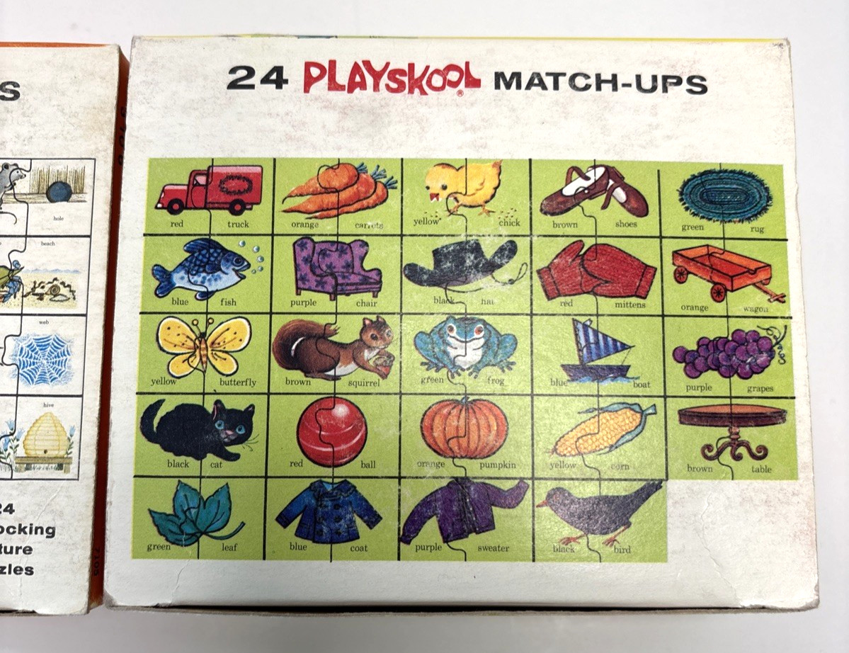 VTG Lot of 2 Playskool Match-ups Cards Puzzle Sets Animals, Homes, Colors & More