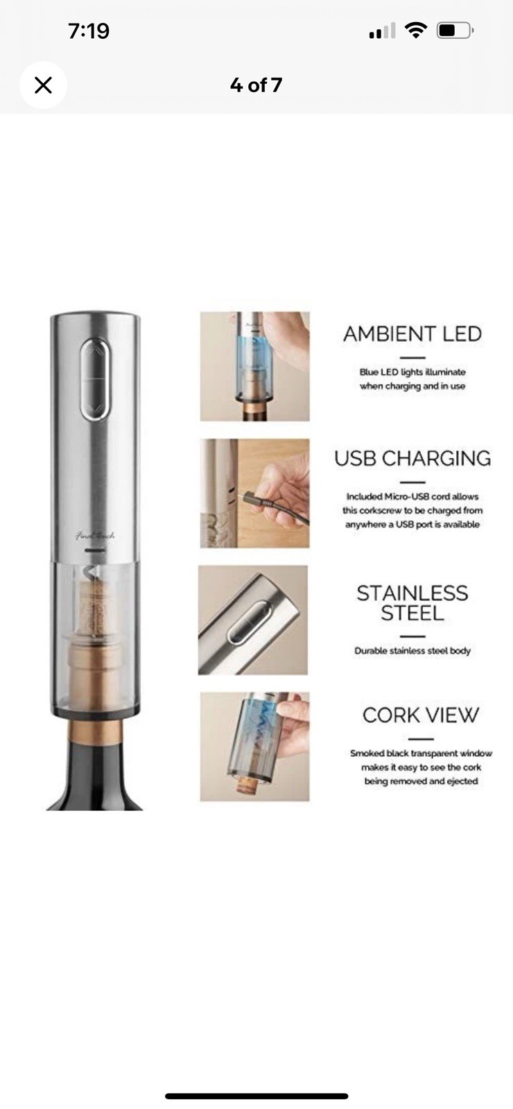 Final Touch Electric Corkscrew with Lithium-Ion Battery | Easy Cork Removal,USB