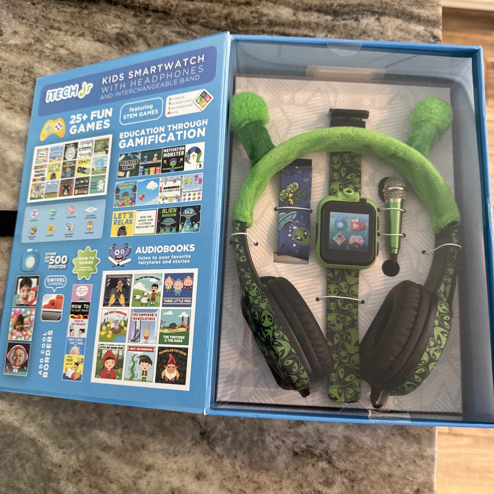 iTech Jr Unisex Kids Smartwatch Mini Mic Band Strap & Headphones Green Alien New