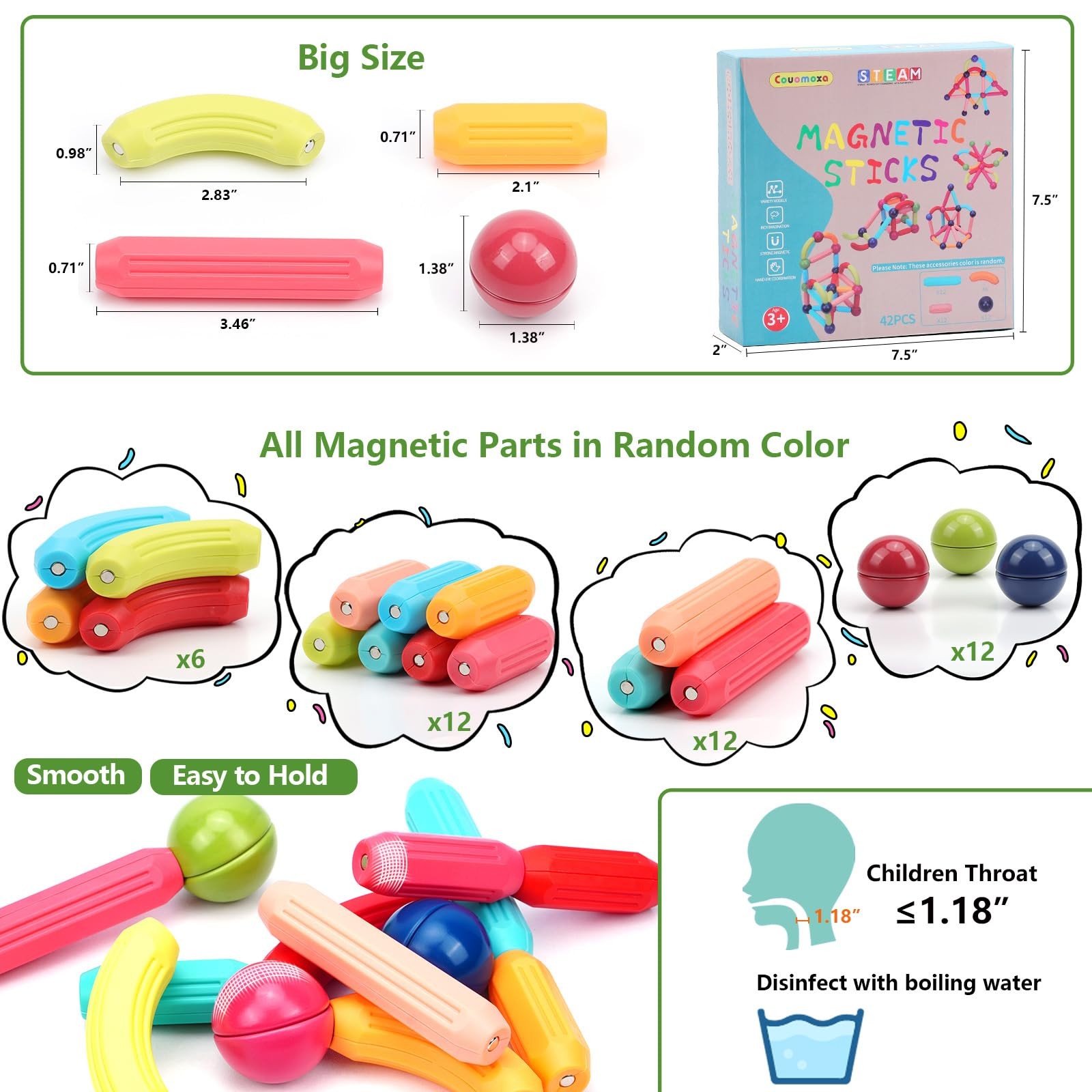 COUOMOXA Magnetic Building Blocks for Toddlers: STEM 42Pcs, Multicolor