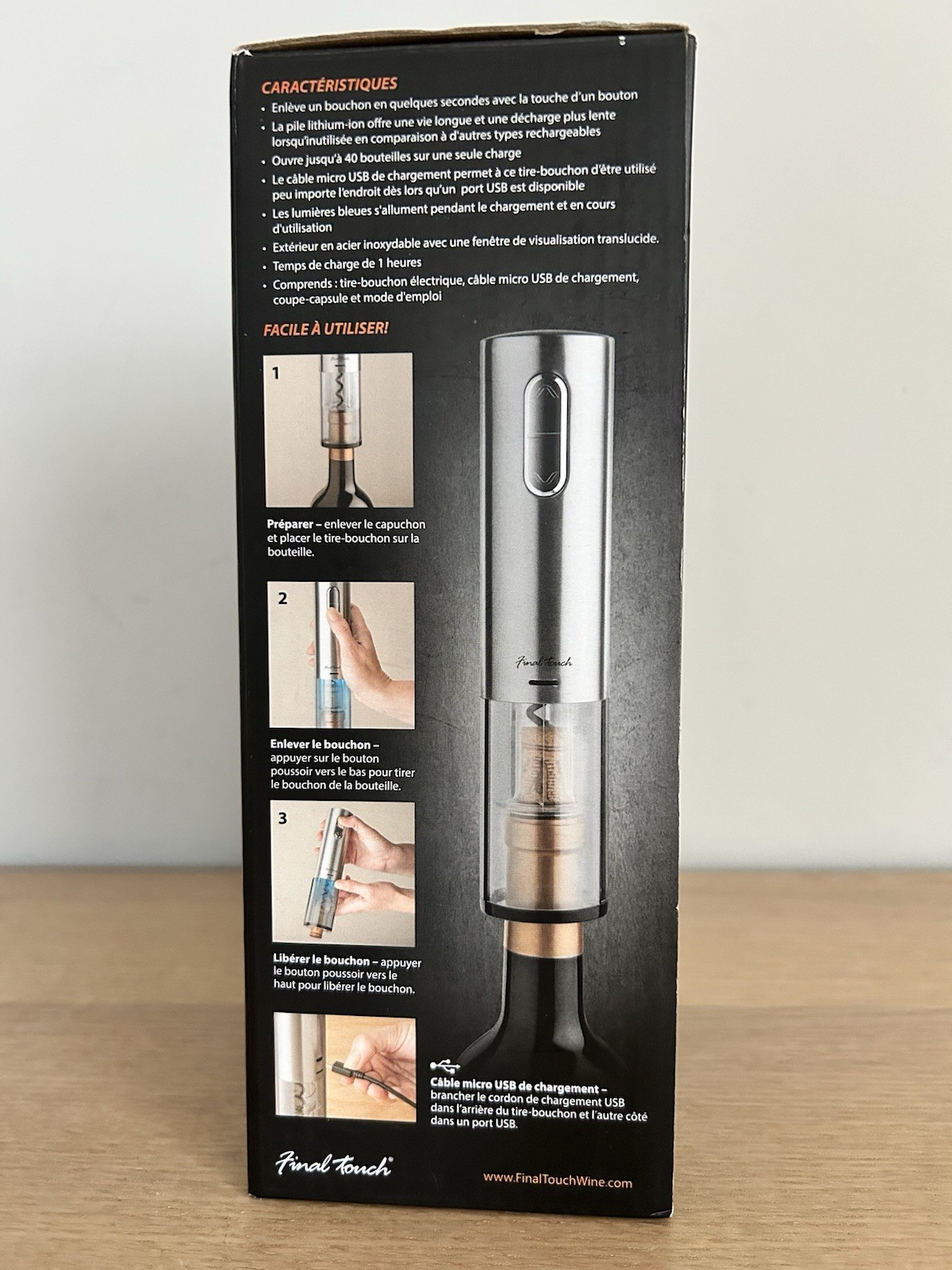 Final Touch Electric Corkscrew with Lithium-Ion Battery | Easy Cork Removal,USB