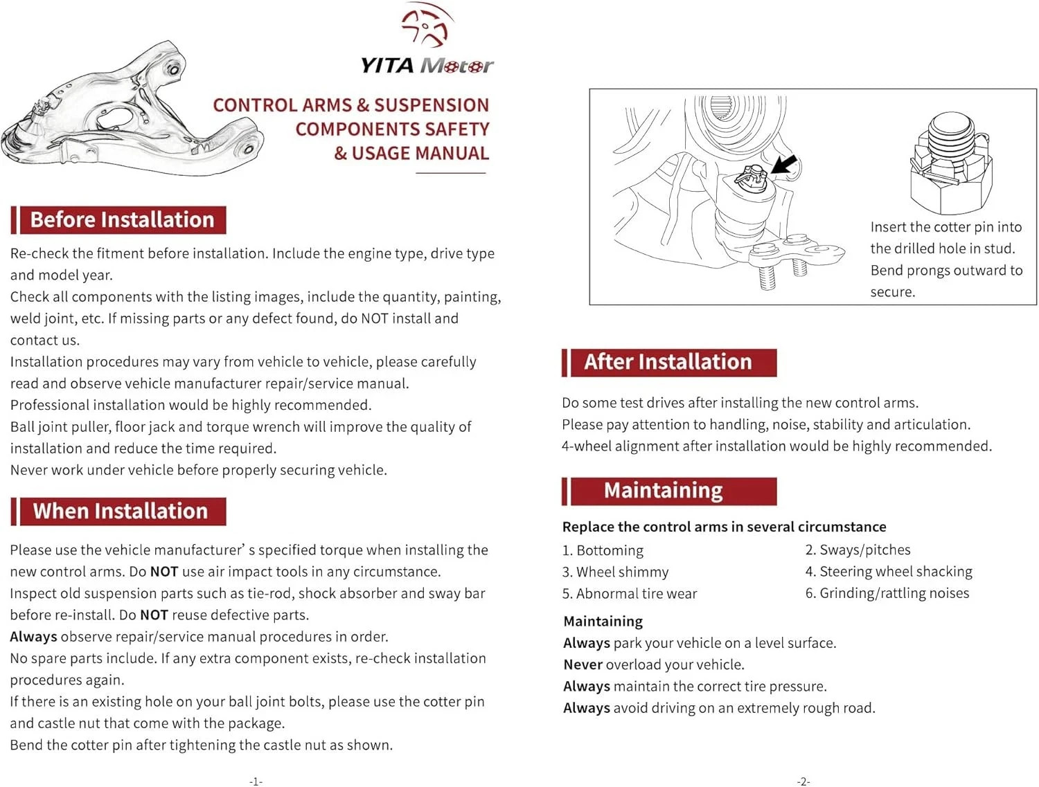 YITAMOTOR Front Lower Control Arm Compatible with 2008-2019 Highlander/Venza