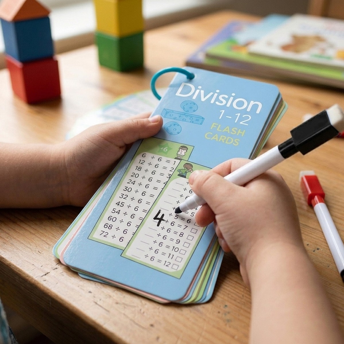 15 Division Math Flash Cards with 2 Markers & Ring for Kids Math Learning